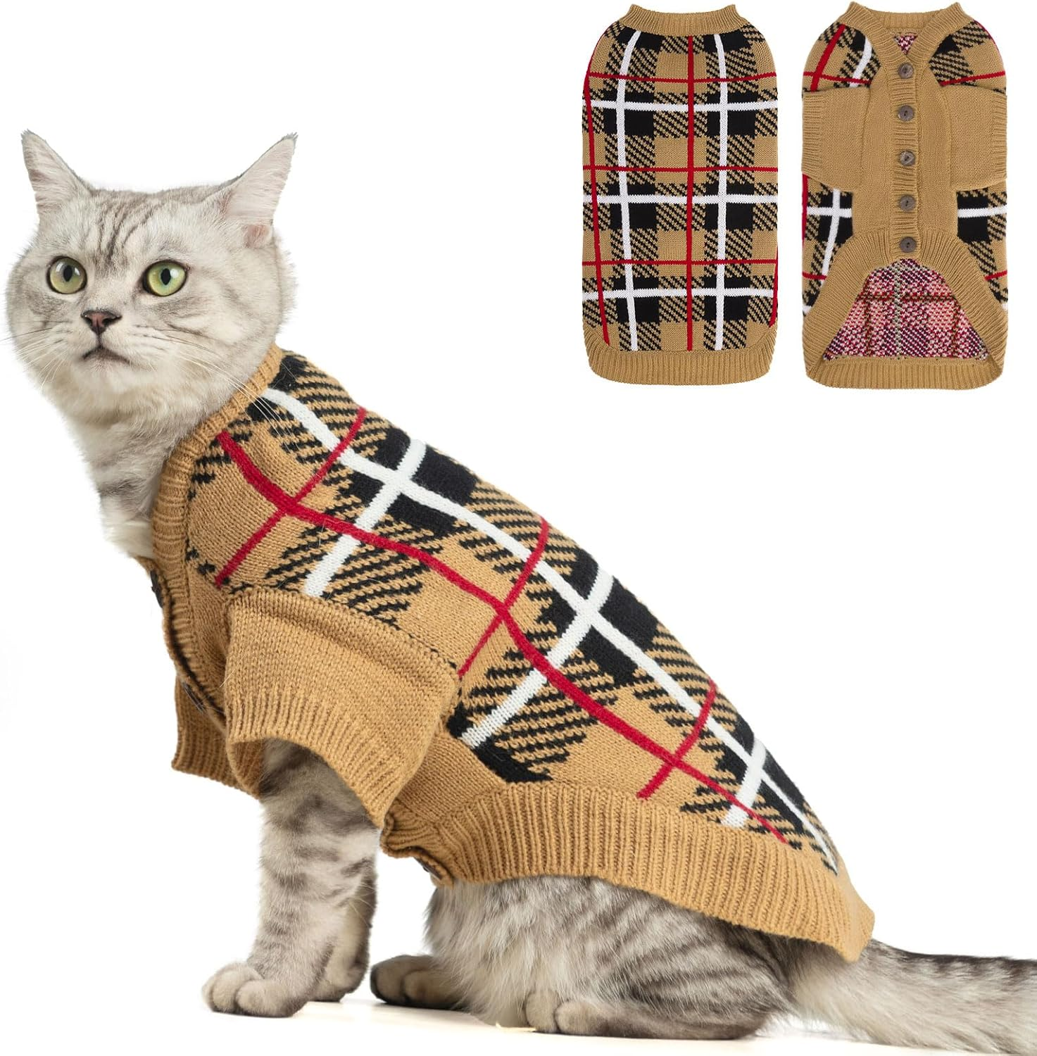 EXPAWLORER Cat Christmas Sweater - Stylish Knitted Christmas Pet Outfit, Soft Clothes for Cats Only, Knitwear Xmas Sweater with Sleeve Warm Apparel, Kitten Clothes for All Cats, Small