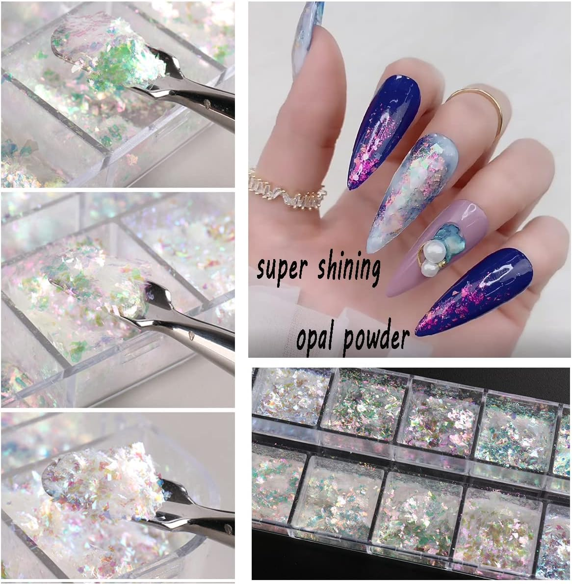 Holographic Opal Nail Art Glitter Flakes Powder Aurora Iridescent Pigment Ice Crystal Mermaid Paillettes Sparkly Sequins Design for Manicure Decoration Accessories 12 Grids image number 5