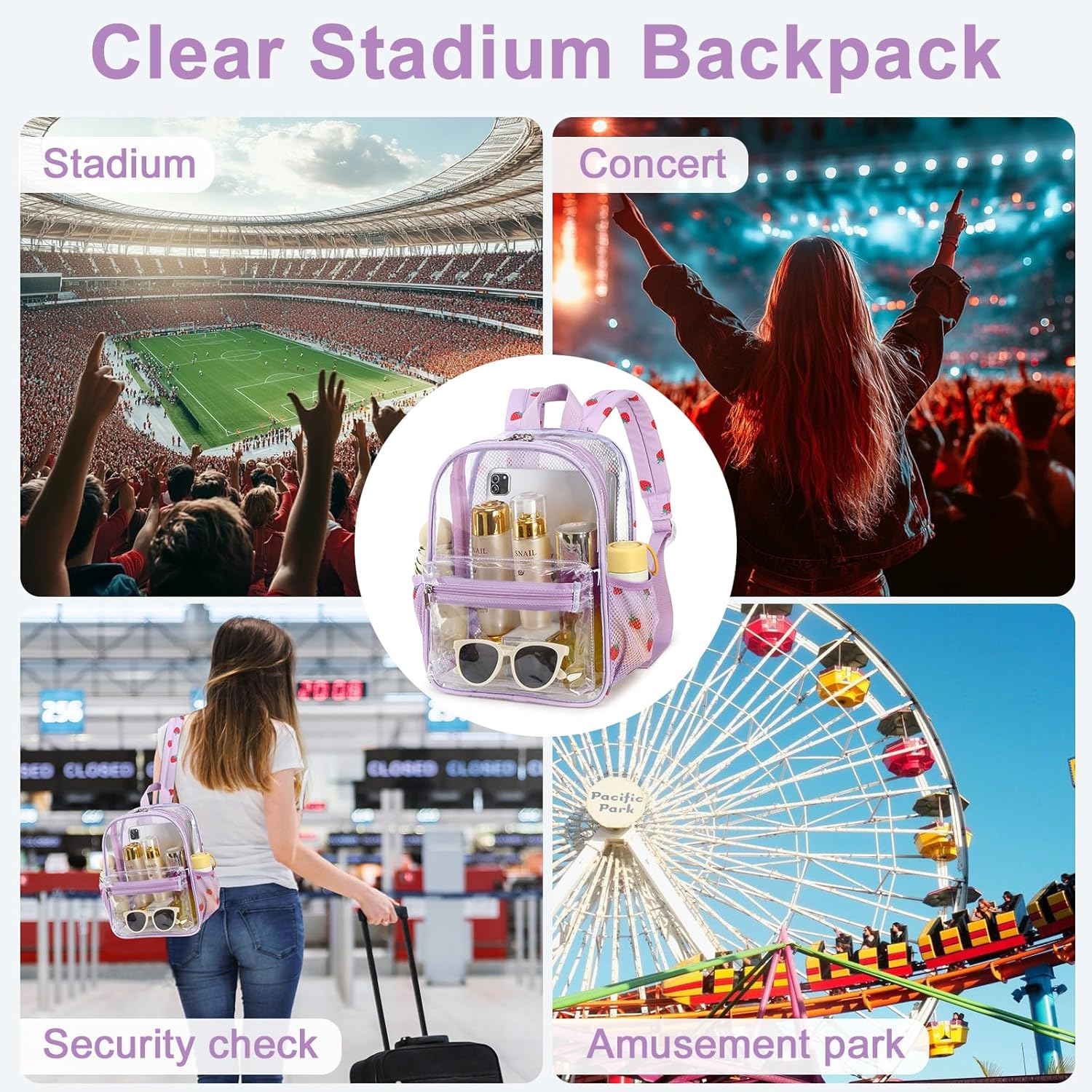 Clear Mini Backpack Lightweight See through Bookbag Small Transparent Bag for School Work Sports Stadium Security - Black White - Plaid image number 6
