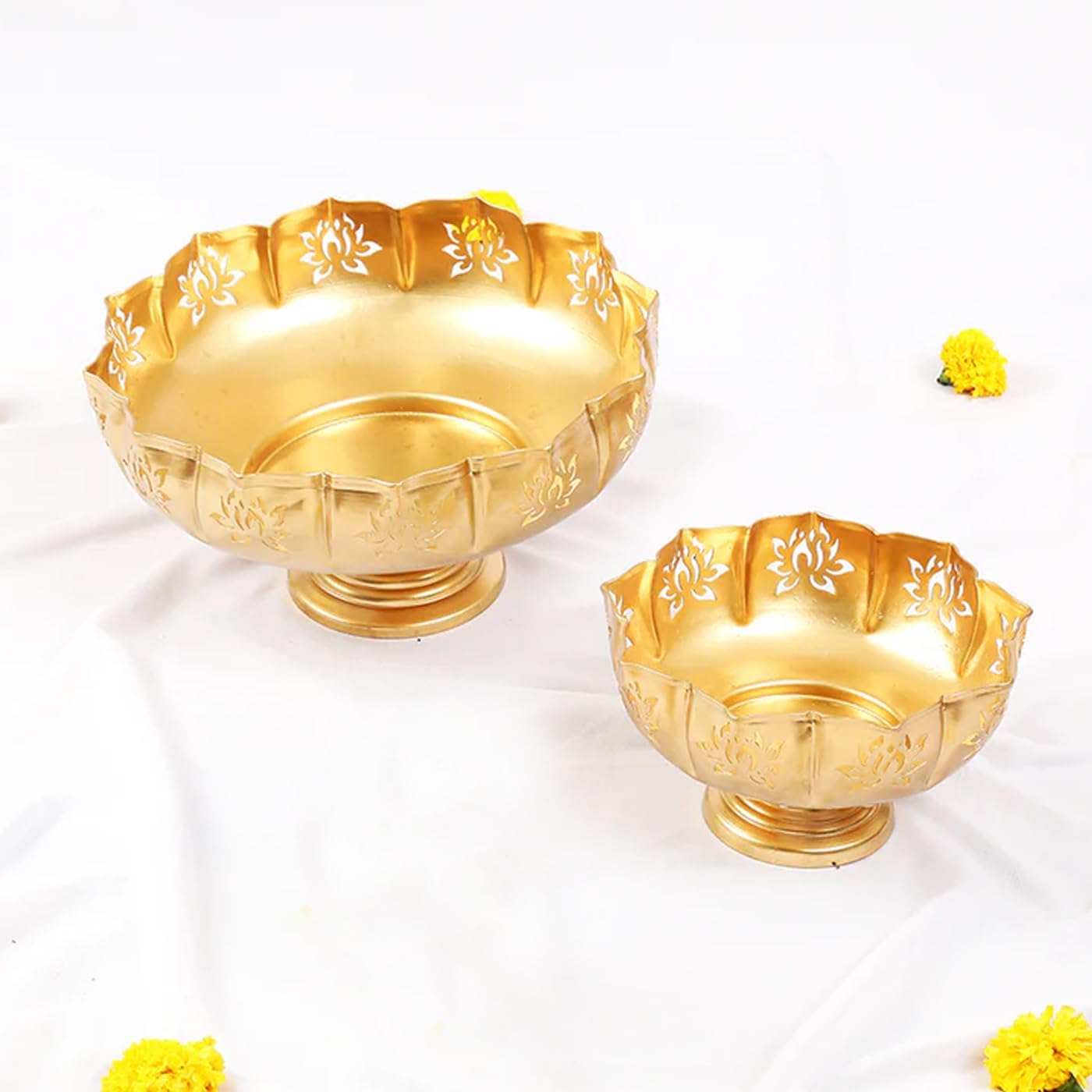 TIED RIBBONS Lotus Urli Metal Bowl for Decor | Iron | Set of 2 | 10, 12 Inch | Urlis for Decoration, Diwali Decor | Urli Bowl for Floating Flowers, Tea Light Candle, Home, Diwali Decorations
