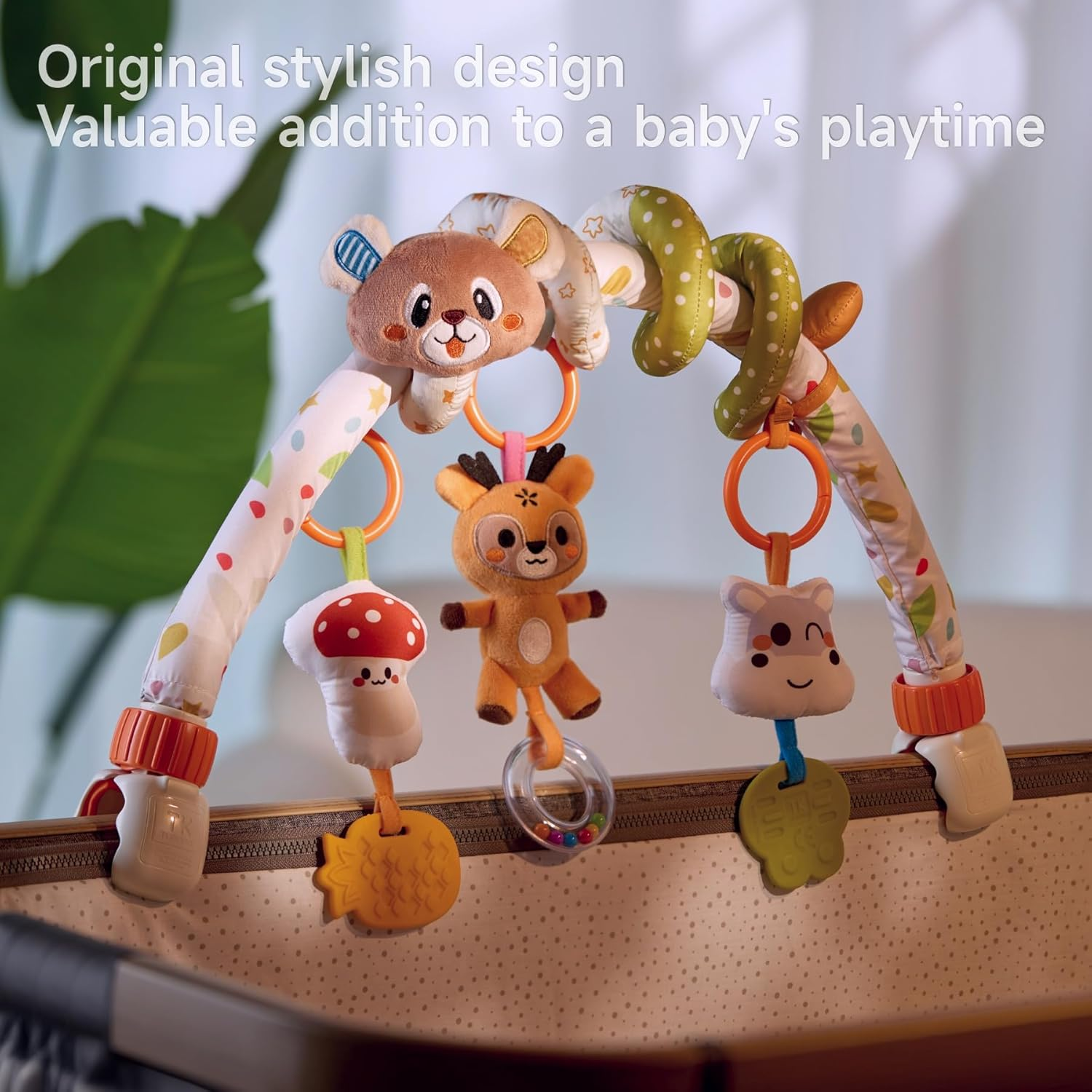 TUMAMA Baby Activity Arch with Bear Spiral Toy, Clips Adjustable and Detachable Sensory Stimulating Hanging Toys Baby Toys 0-3 3-6 Months, Newborn Strollers Bassinets Crib Carseat Toy image number 6