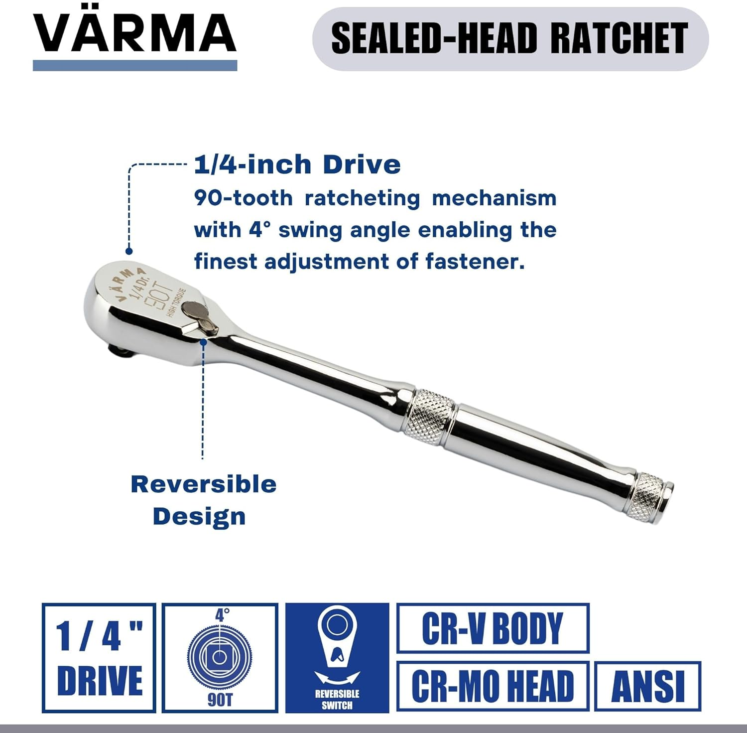 1/4-Inch Drive 90-Tooth Sealed Head Ratchet | Reversible Compact Wrench with High-Torque Single Pawl Design | Anti-Dust, 4&deg; Swing Arc, Knurled Grip, Heavy-Duty CR-V Steel for Maximum Durability image number 1