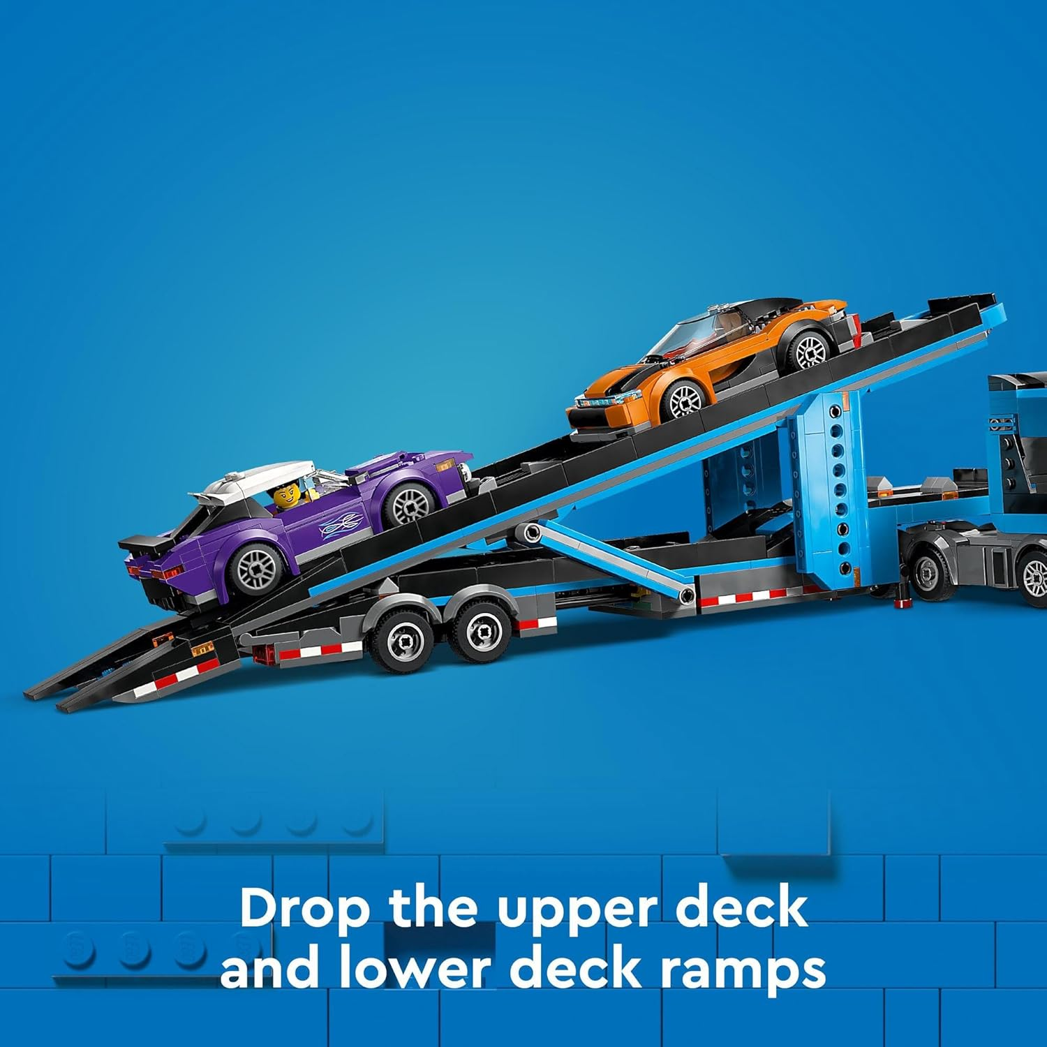 LEGO City Car Transporter Truck with Sports Cars Construction Set, 4 Vehicle Kids Toys for 7 plus Year Old Boys & Girls, STEM Building Kit with Trailer and 4 Minifigures 60408 image number 4