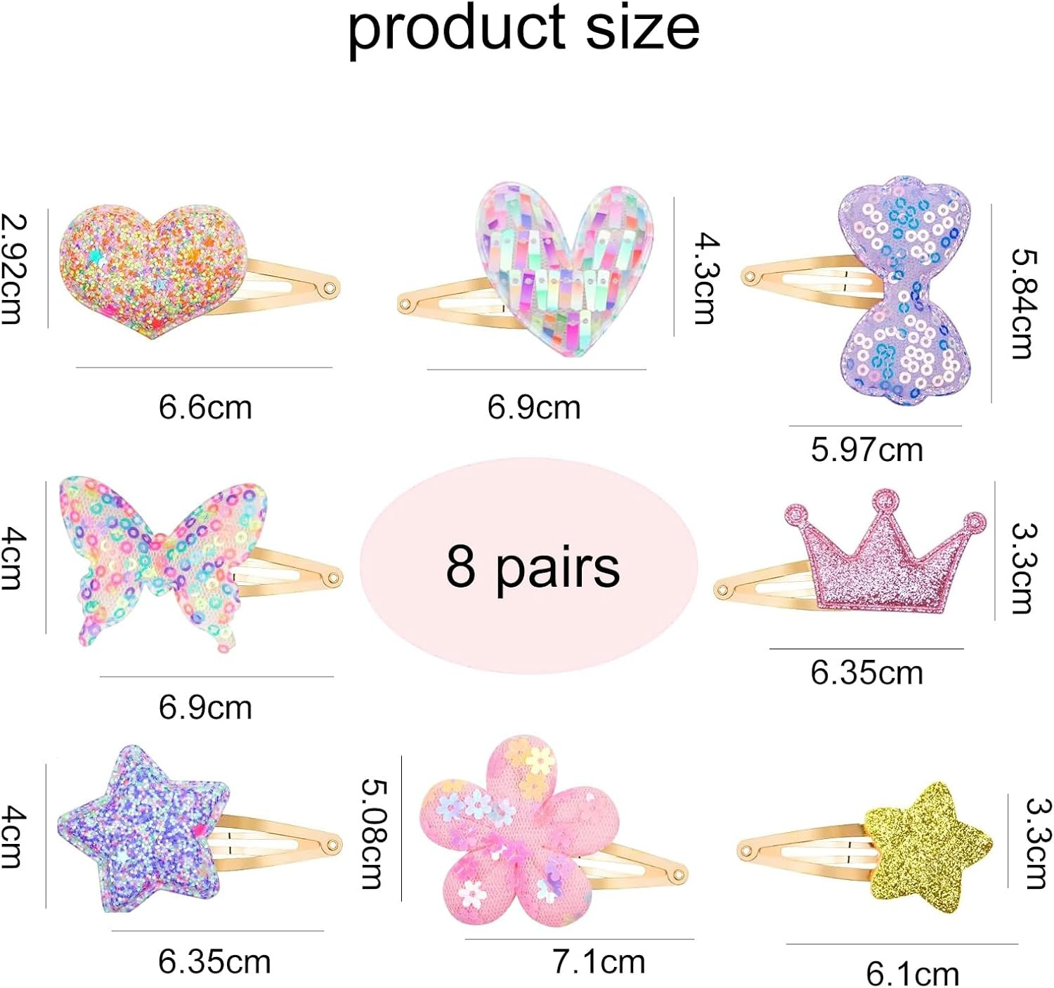 Aikeis 16 Shiny Metal Snap Hair Clips Cute Hair Accessories Hair Clips Suitable for Girls Flower/Star/Crown/Heart/Butterfly Accessories image number 2