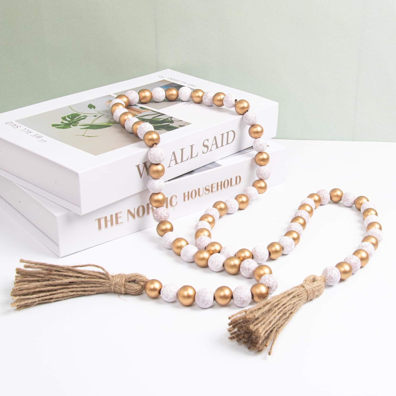 Wood Bead Garland with Tassels Home Decor Beads Prayer Beads Farmhouse Beads Wall Hanging Decor (143,Gold&Wash White) image number 2