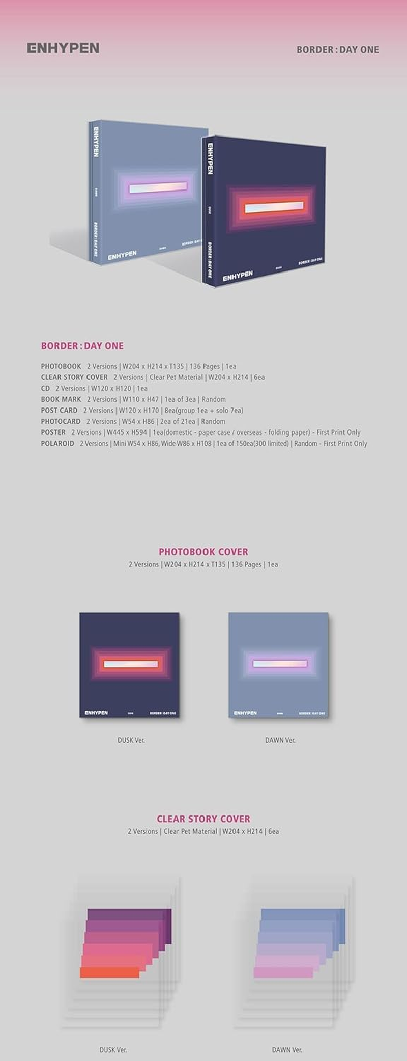 Enhypen Border : Day One 1St Mini Album Dusk Version Cd+136P Photobook+Clear Story Cover+1P Bookmark+2P Photocard+1P Postcard+Message Photocard Set+Tracking Kpop Sealed image number 3