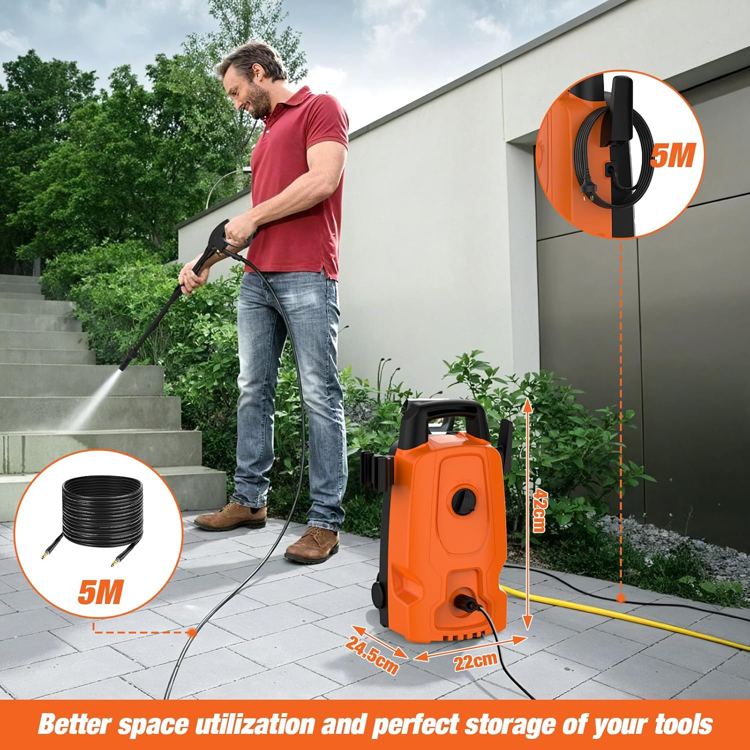 ADVWIN 3500PSI Pressure Washer, 2000W Electric High Power Washer Adjustable Spray Gun with 5M High Pressure Hose, Power Cleaner Machine for Cars/Fences/Driveways/Patios/Home Cleaning, Orange image number 2