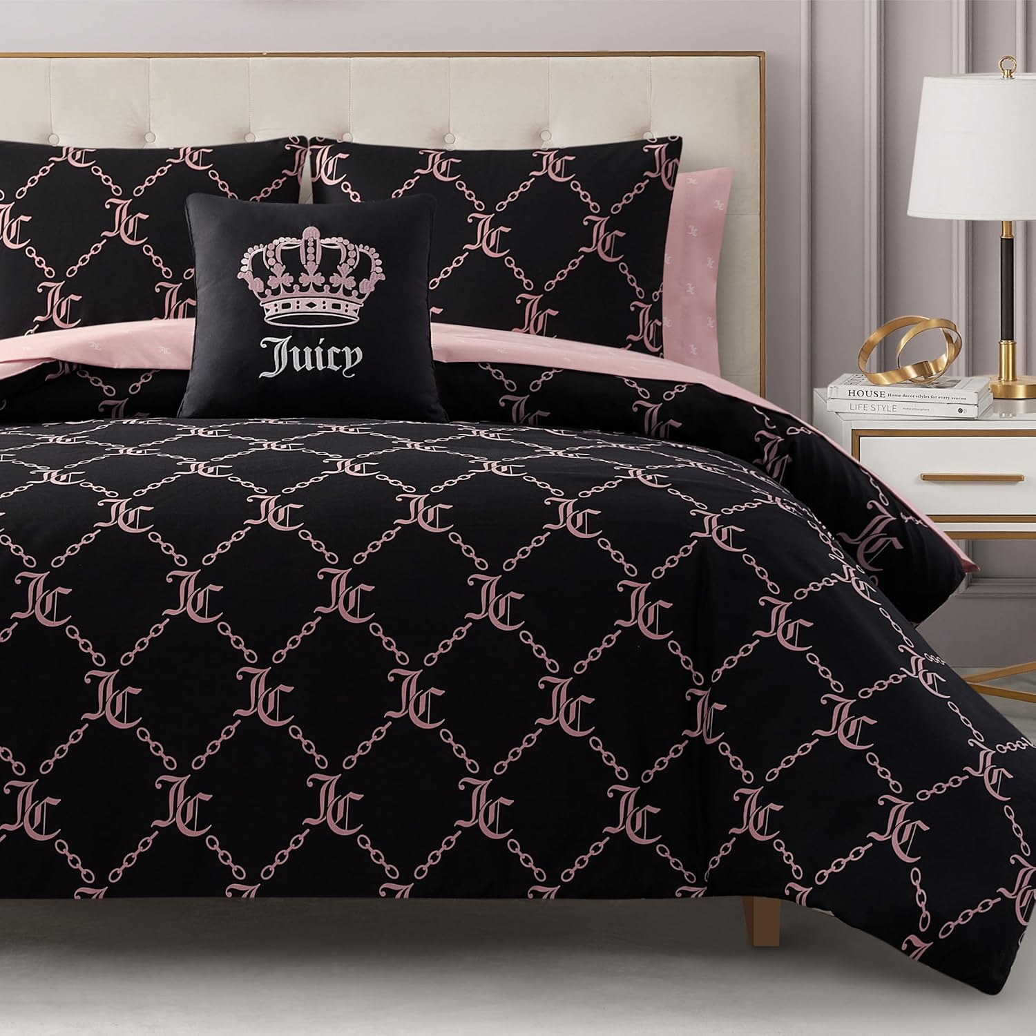 Juicy Couture Black Link Logo Printed Comforter Set, Queen &ndash; Complete 8-Piece Bed in a Bag Collection image number 6