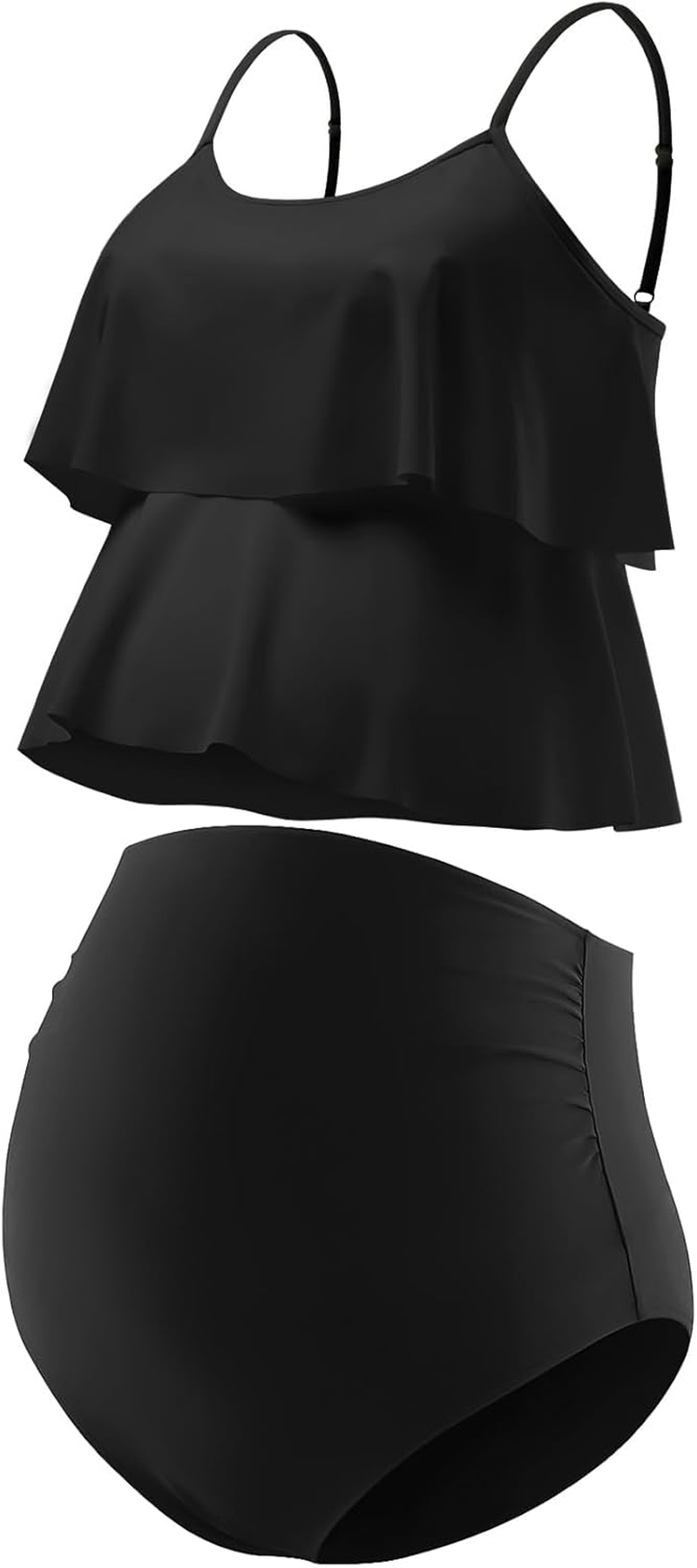 GINKANA Womens Maternity Tankini Swimsuits 2 Piece Maternity Swimwear Bathing Suit Double Ruffle Hem Pregnancy Swimming Suits