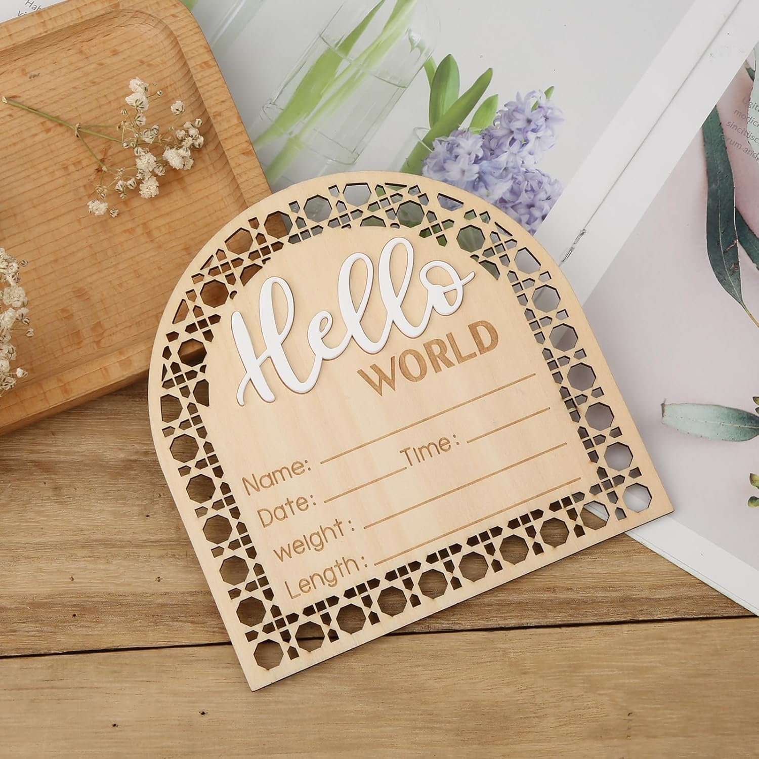 SAVITA Baby Announcement Sign, 5.5 Inch Wooden Rustic Hello World Welcome Newborn Sign, Perfect for Baby Shower, Nursery, Photo Prop image number 2