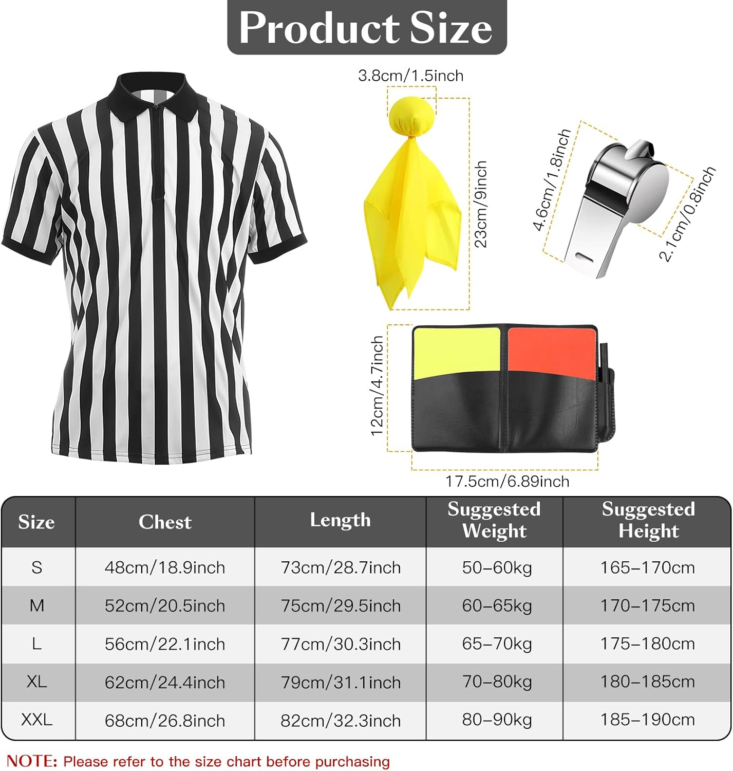 Rookea 5 Pcs Referee Costume Kit, Referee Costume for Boys Kids Men, Sports Costume Shirt Uniform Umpire Whistle Yellow Penalty Flag Referee Card for Basketball Football Soccer Referee Accessories image number 2