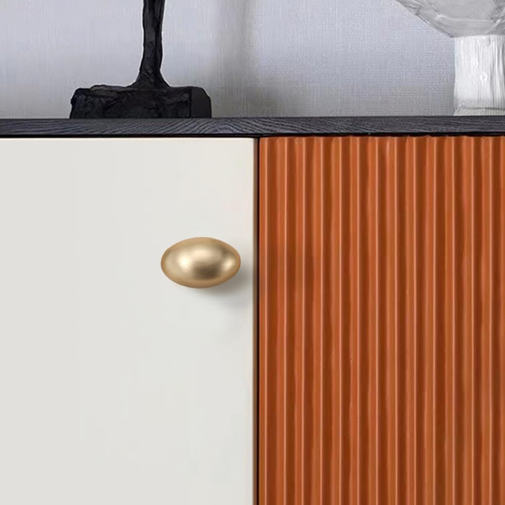 8 Pack Gold Cabinet Knobs 1.3" Brushed Gold Egg Drawer Knobs Zinc Alloy Single Hole Pulls for Dresser 33Mm Oval Cupboard Handles for Kitchen Wardrobe Cabinet Bathroom Hardware (8, Brushed Gold)