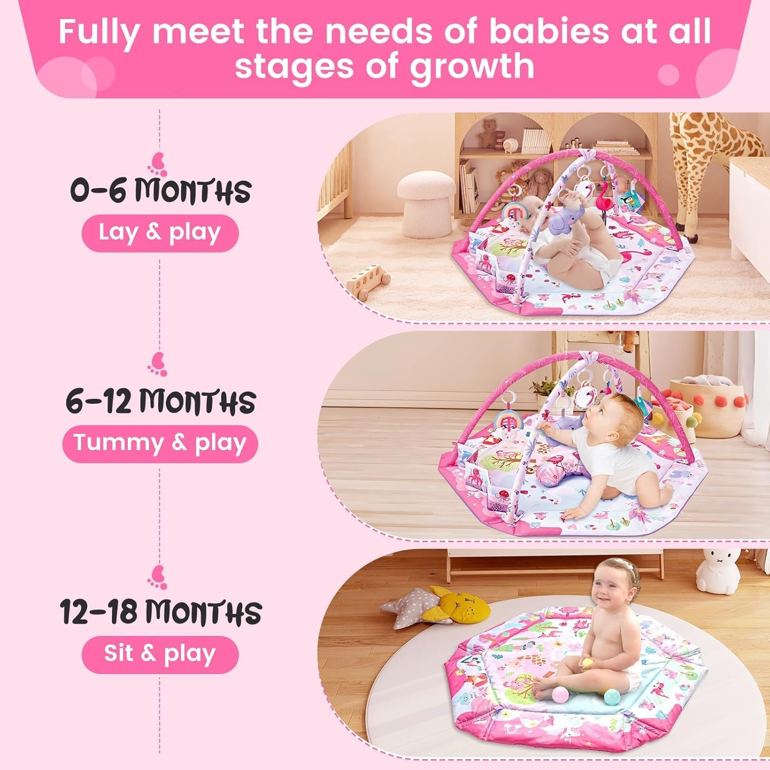 Baby Gym Play Mat, 8-In-1 Tummy Time Mat with Ball Pit & Detachable Toys for Newborns Infant 0-3-6-9-12 Months, Washable Play Activity Mat for Visual, Hearing, Sensory, Motor Development image number 5