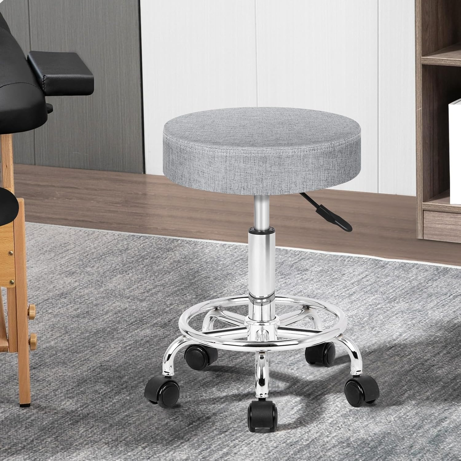 ALFORDSON Salon Stool Kori round Swivel Drafting Rolling Stools in 51.5-68.5Cm Height Adjustable Fabric Spa Stool with Footrest Wheels Backless Hair Dress Barber Chair for SPA Massage Light Grey image number 6