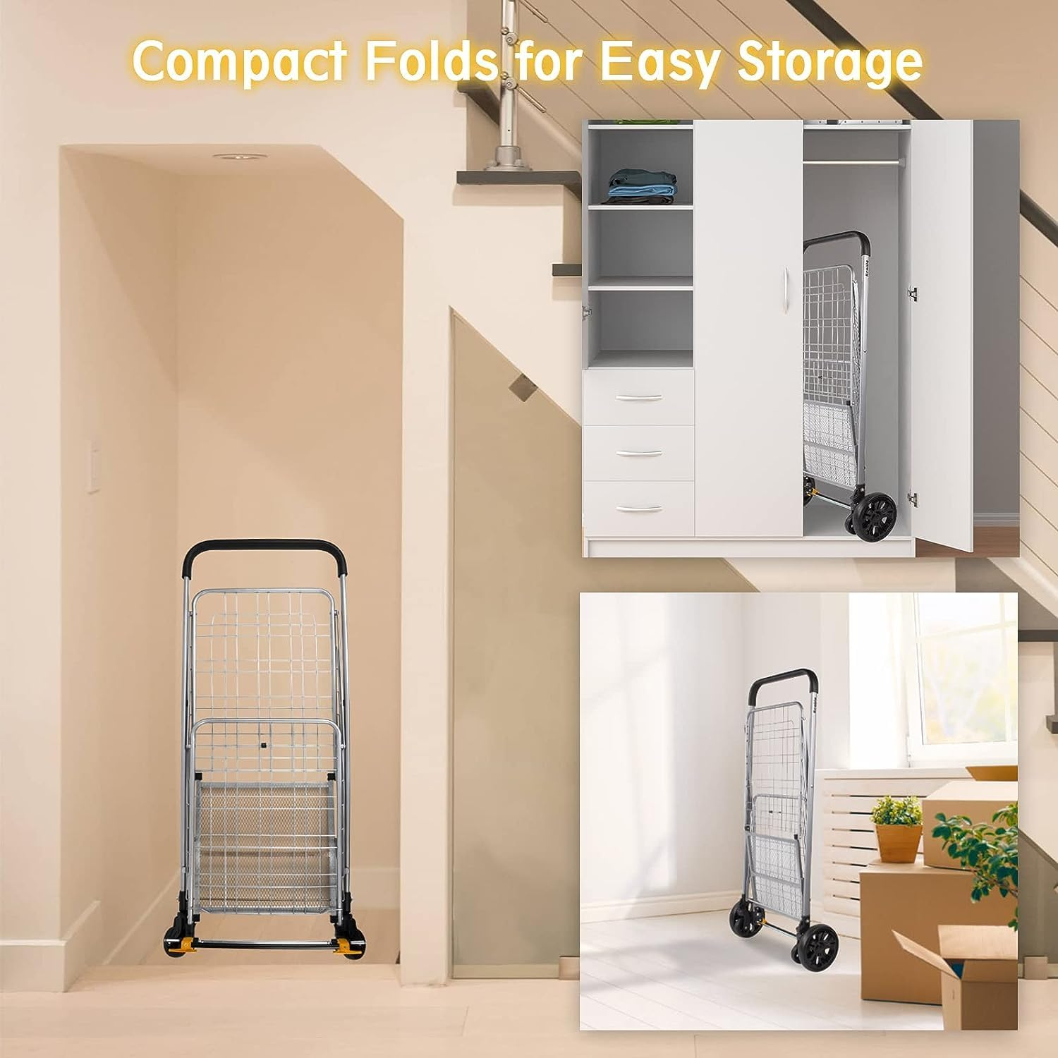 Shopping Cart on Wheels, Folding Utility Shopping Trolley with Wide Cushion Handle, Mesh Bottom,And Brake System (Sliver Colour Medium Size)