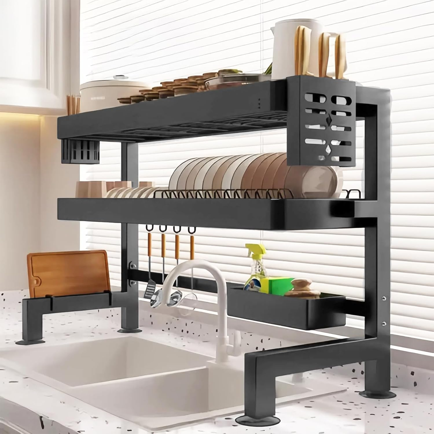 Over the Sink Dish Drying Rack, 2 Tier Large Capacity over Sink Dish Rack, Metal over the Sink Dish Drainer Drying Rack, Multi-Functional over Sink Dish Rack Display for Kitchen Counter image number 6