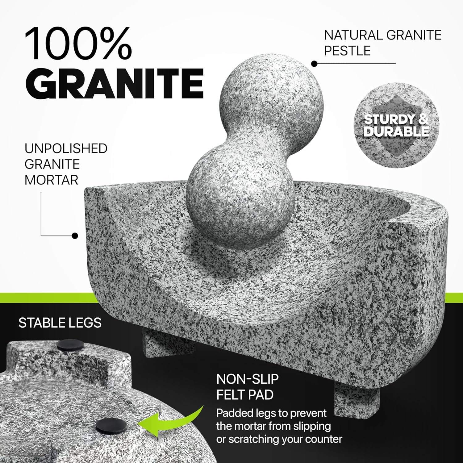 Granite Mortar and Pestle Set Guacamole Bowl Molcajete 8 Inch - Natural Stone Grinder for Spices, Seasonings, Pastes, Pestos and Guacamole - Extra Bonus Avocado Tool Included