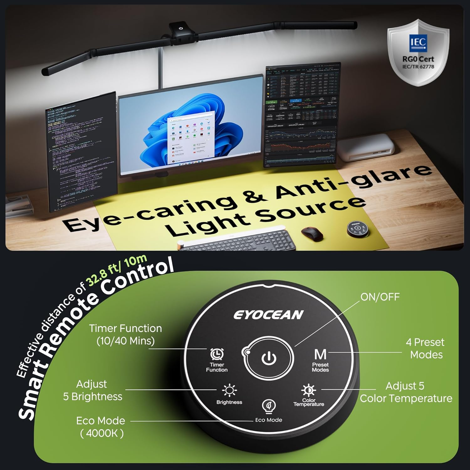 EYOCEAN Desk Lamp, Desk Lamp with 4 Light Sources, 24 W 100 Cm Daylight Lamp Desk with Remote Control, Dimmable Monitor Lamp, Gooseneck Office Table Lamp, Eye Protection PC Lamp image number 2