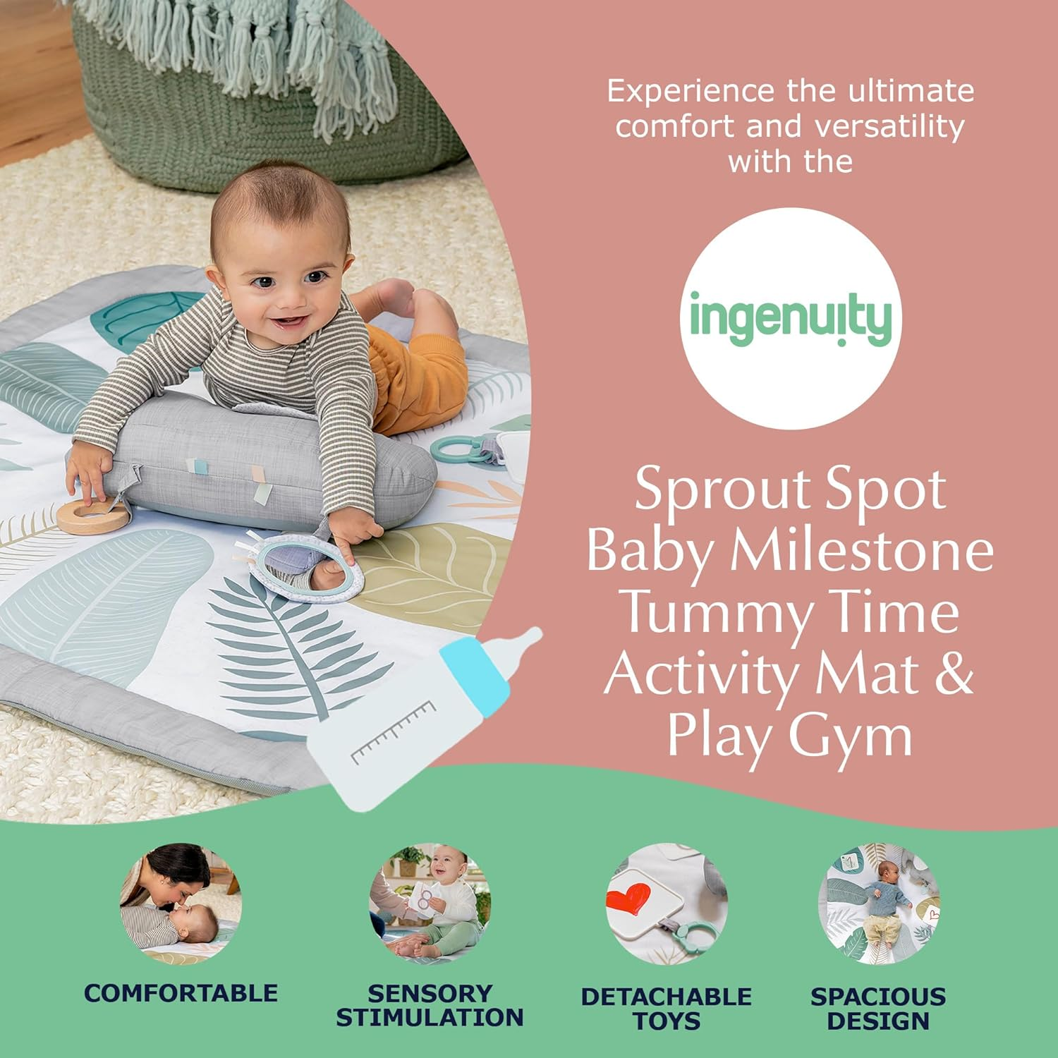 Ingenuity Sprout Spot Baby Milestone Tummy Time Activity Mat and Play Gym Unisex Ages 0+ Months 40 X 40 Inches image number 3