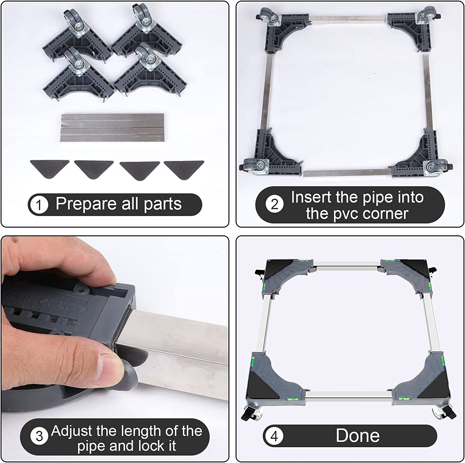 W B D WEIBIDA Adjustable Appliance Dolly Cart with 4 Locking Wheels Small Furniture Mover Mobile Base for Washing Machine, Dryer, Refrigerator and Mini Fridge Stand Moving Cart - Grey-Upgraded 10 Feet 4 Dual Wheels image number 5