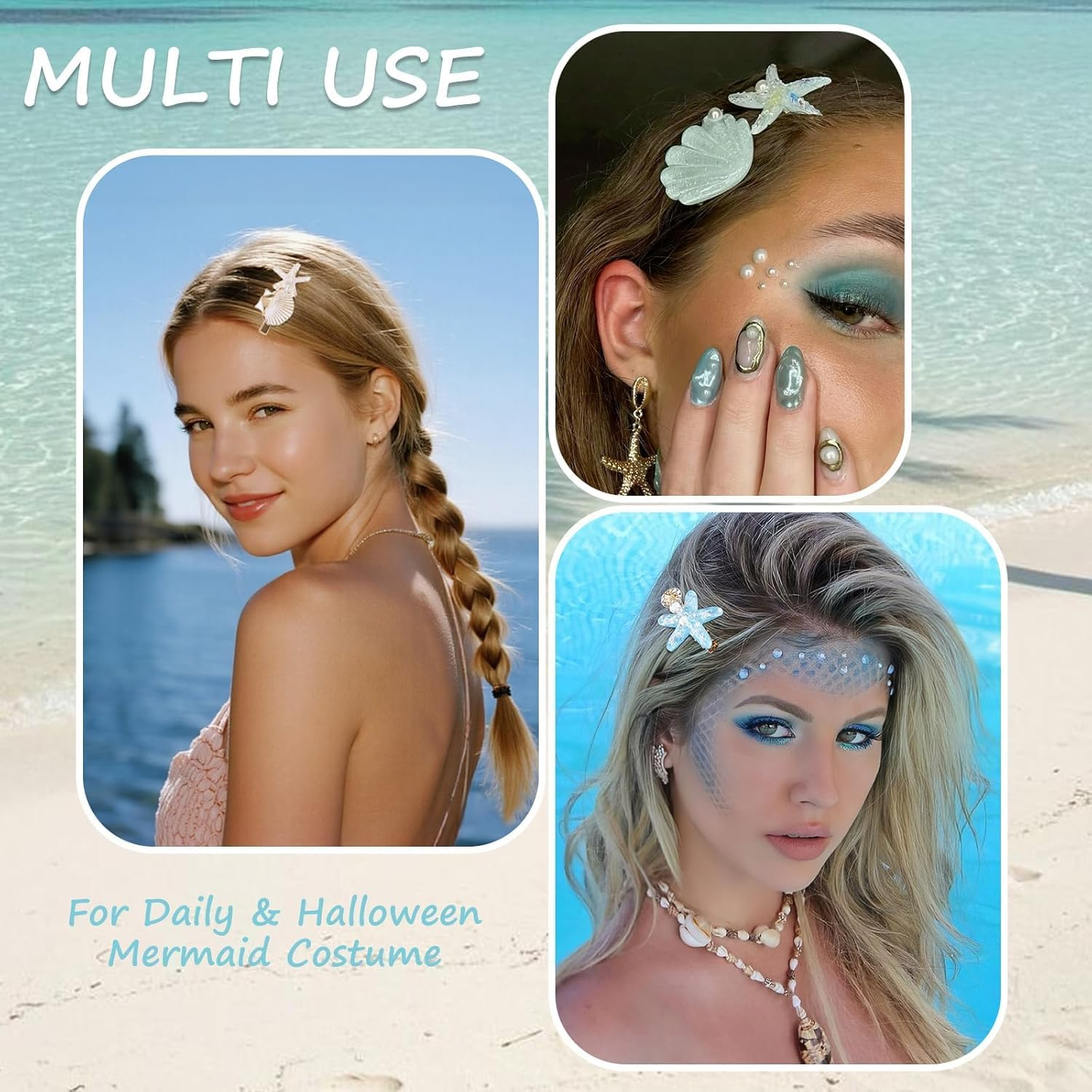 Valentine'S Day Gift Mermaid Hair Clip Set 7-Piece - Shell, Pearl & Starfish Clips Alligator Hair Clips for Women & Girls, Princess Beach Hair Accessories, Christmas Party Favours, Waterproof Resin Hairpins