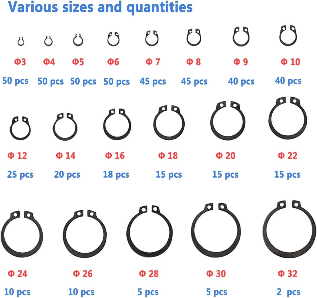 510Pcs Circlips Assorted,Metal C-Clip Assortment Set 19 Types Retaining E Clips(&Phi;3/4/5/6/7/8/9/10/12/14/16/18/20/22/24/26/28/30/32Mm) for Internal External Shaft Fastener image number 1