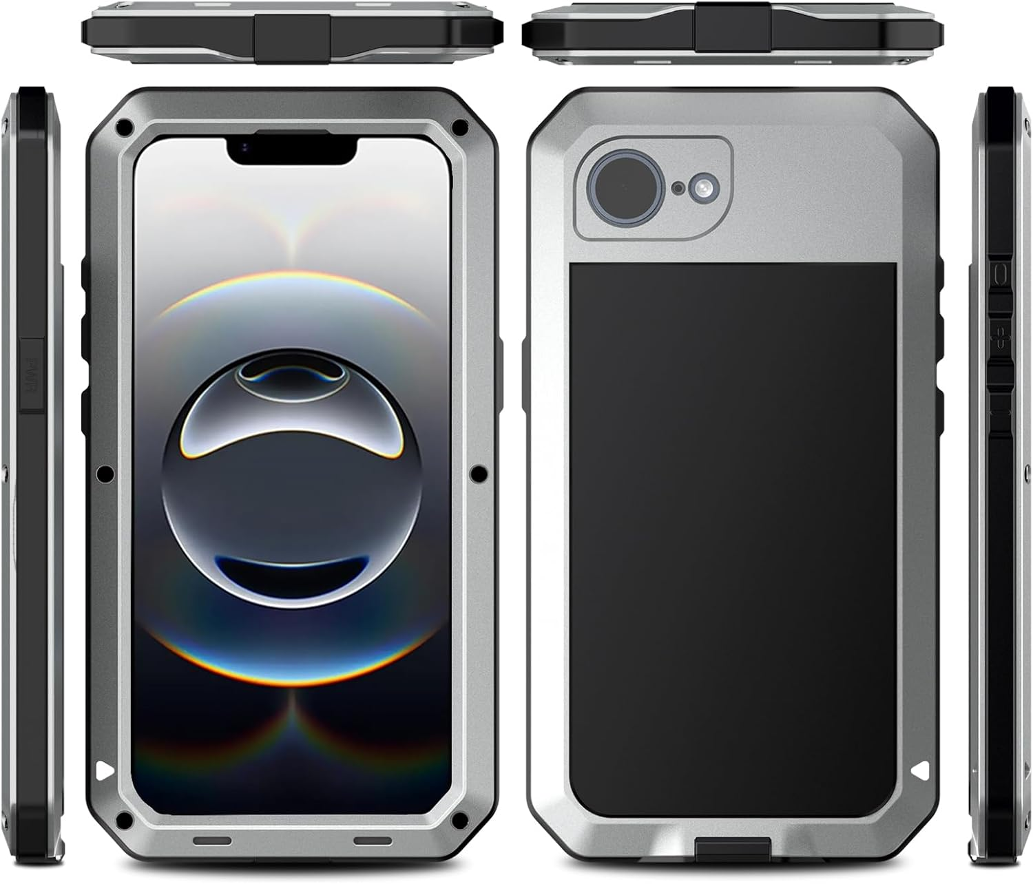 LOVE MEI Compatible with Iphone 16E Metal Case, Outdoor Sports Military Heavy Duty Shockproof Dustproof Hybrid Aluminum Silicone Tempered Glass Hard Case (Silver) image number 1