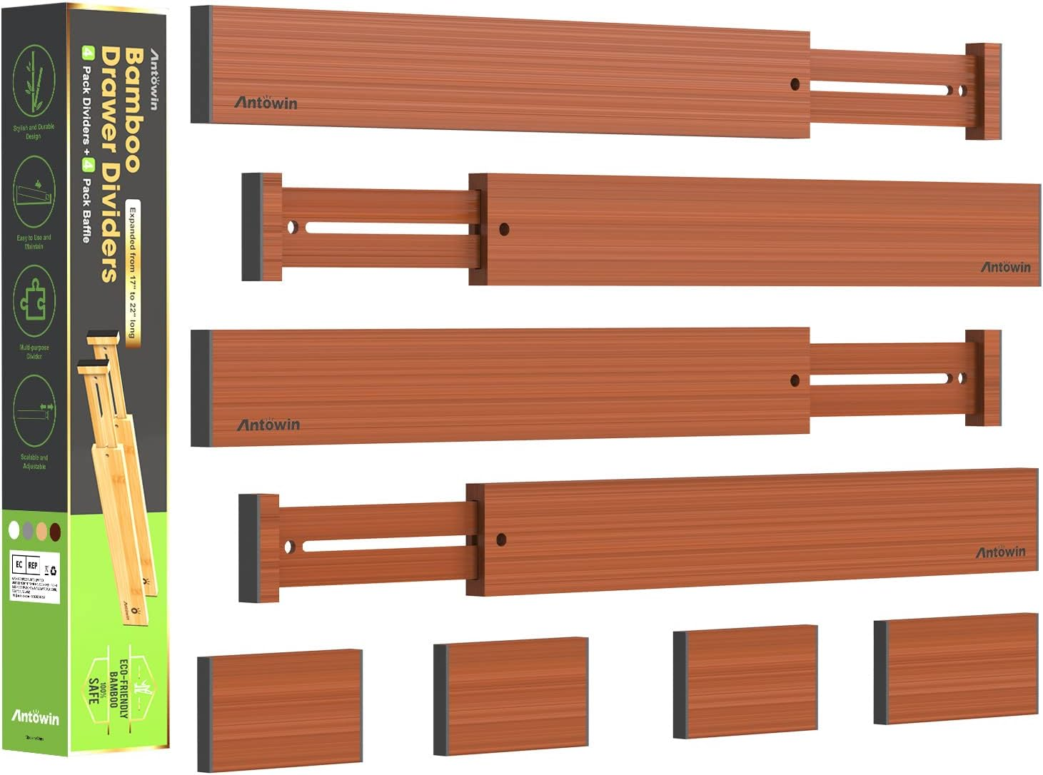 ANTOWIN Bamboo Drawer Dividers, Expandable Drawer Separators Splitter(43-56Cm), Adjustable Spring-Loaded Organizer for Large Utensil, Clothes, Tools Drawers(White)