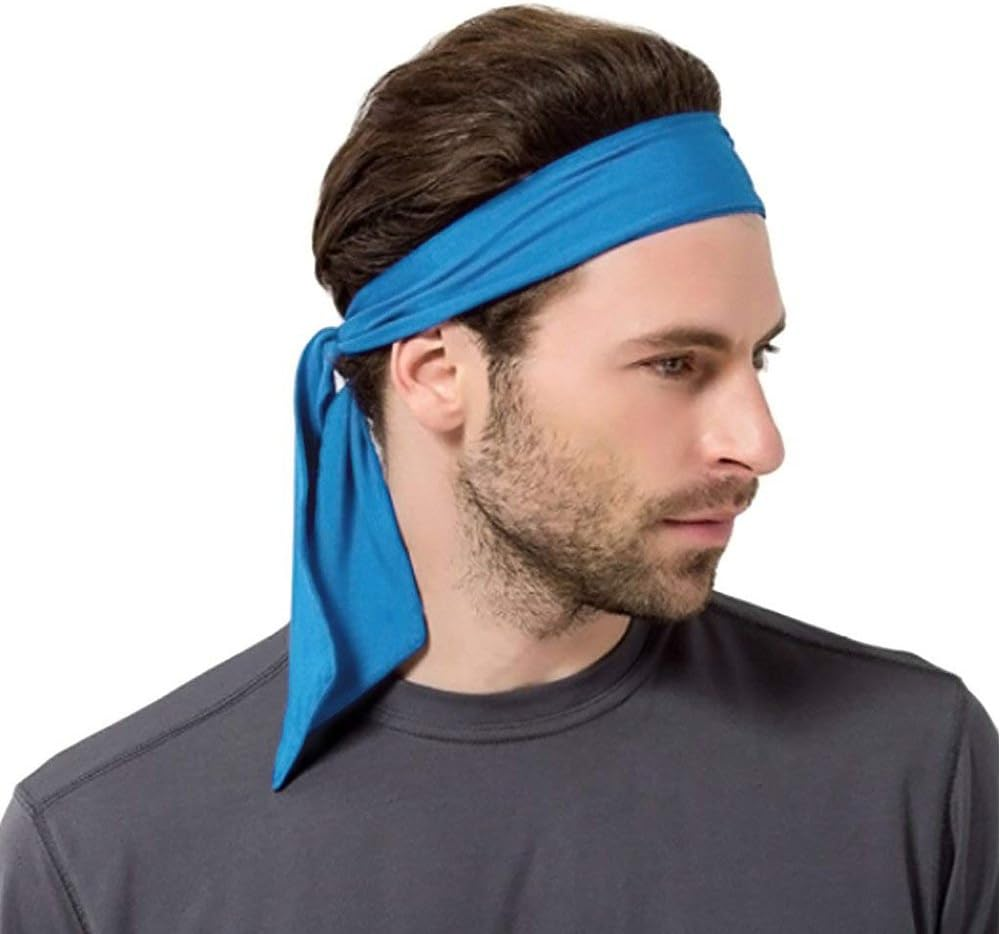 Quickly Dry Moisture Wicking Sweat Head Tie Headband Women Men Sports Stretchy Sweatband Head Wrap Scarf Bandana for Tennis Running Workout Yoga Gym Cycling Fitness (Blue) - Blue image number 5
