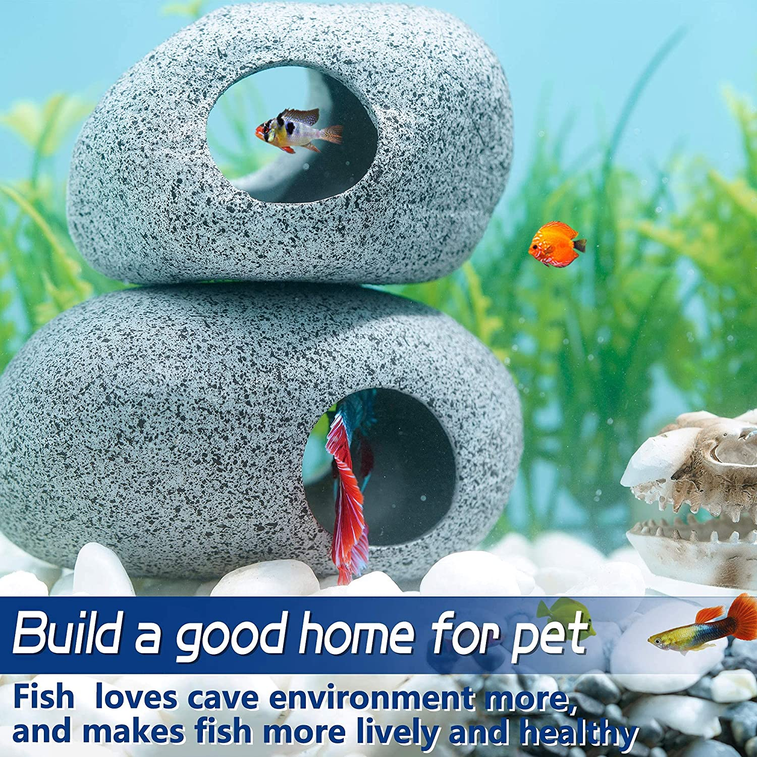 Aquarium Decorations Cave Fish Tank Accessories Rock Decor for Shrimp Cichlid Hiding Breeding Small Fish Bowl Hide Decoration Betta Toys Hideout Stones House（2Pcs） image number 2
