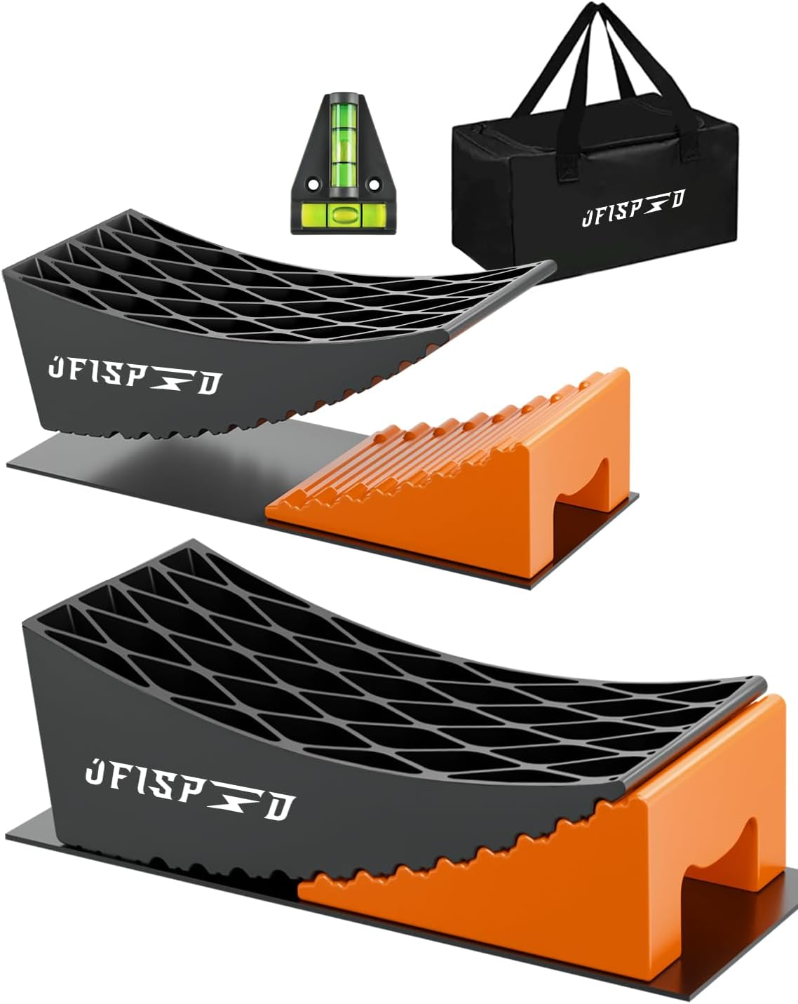 RV Leveling Blocks Ramp Kit, 2 Packs Camper Leveler System for Travel with Two Chocks, 2 Anti-Slip Mats, 1T Bubble Level and Carry Bag, up to 35000 LBS, Easier & Faster to Level Camper-Orange