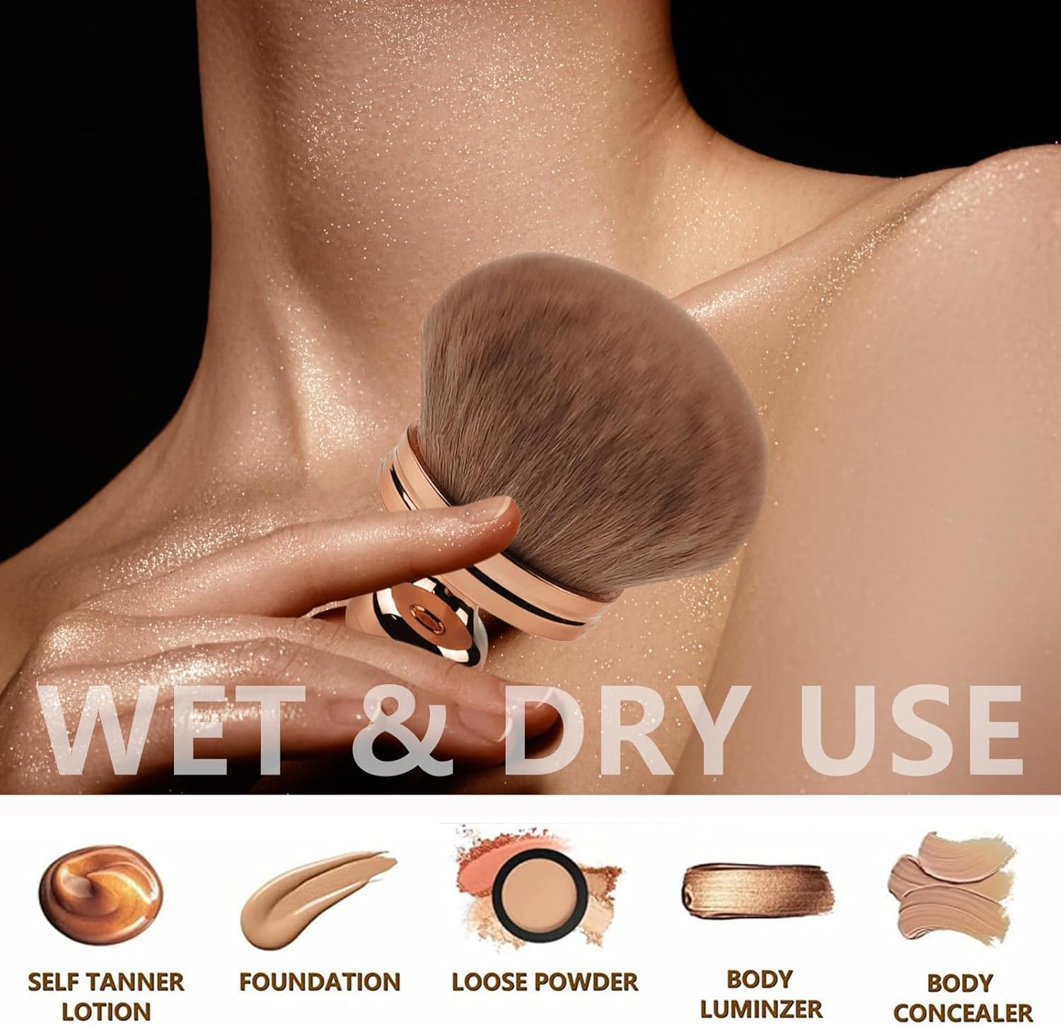 Body Makeup Brush & Nail Art Dust Brush for Self Tanner, Self Tan Back Applicator 74Mm Kabuki Self Tanner Applicator (Rose Gold + Drawstring Bag) image number 4