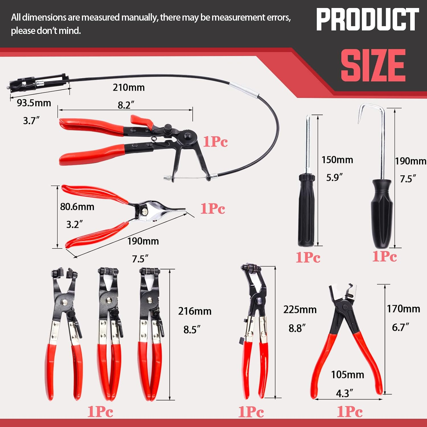 Swpeet 9Pcs Red Long Reach Flexible Wire Spring Hose Clamp Pliers Remover Assortment Kit, Clic R Type Angled Swivel Jaw and Flat Band Pliers for Automotive Radiator Heater and Water Hose image number 3