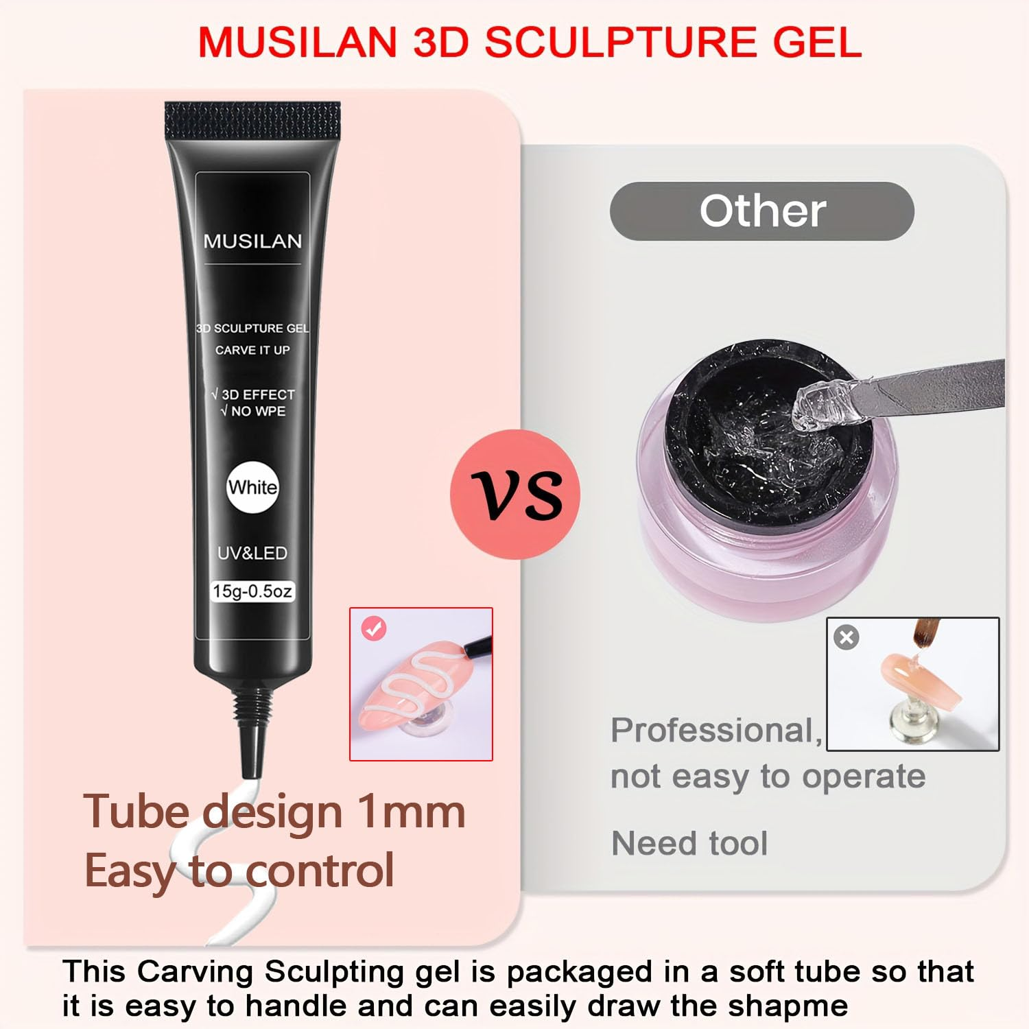 MUSILAN 3D Nail Art Sculpting Gel Glue for Nails Tips,Molding, Drawing, Nail Charms & Gems, Chrome Powder and Rhinestone Design No Wipe,Uv Curing Needed Salon & DIY Use (White Sculpting Gel)