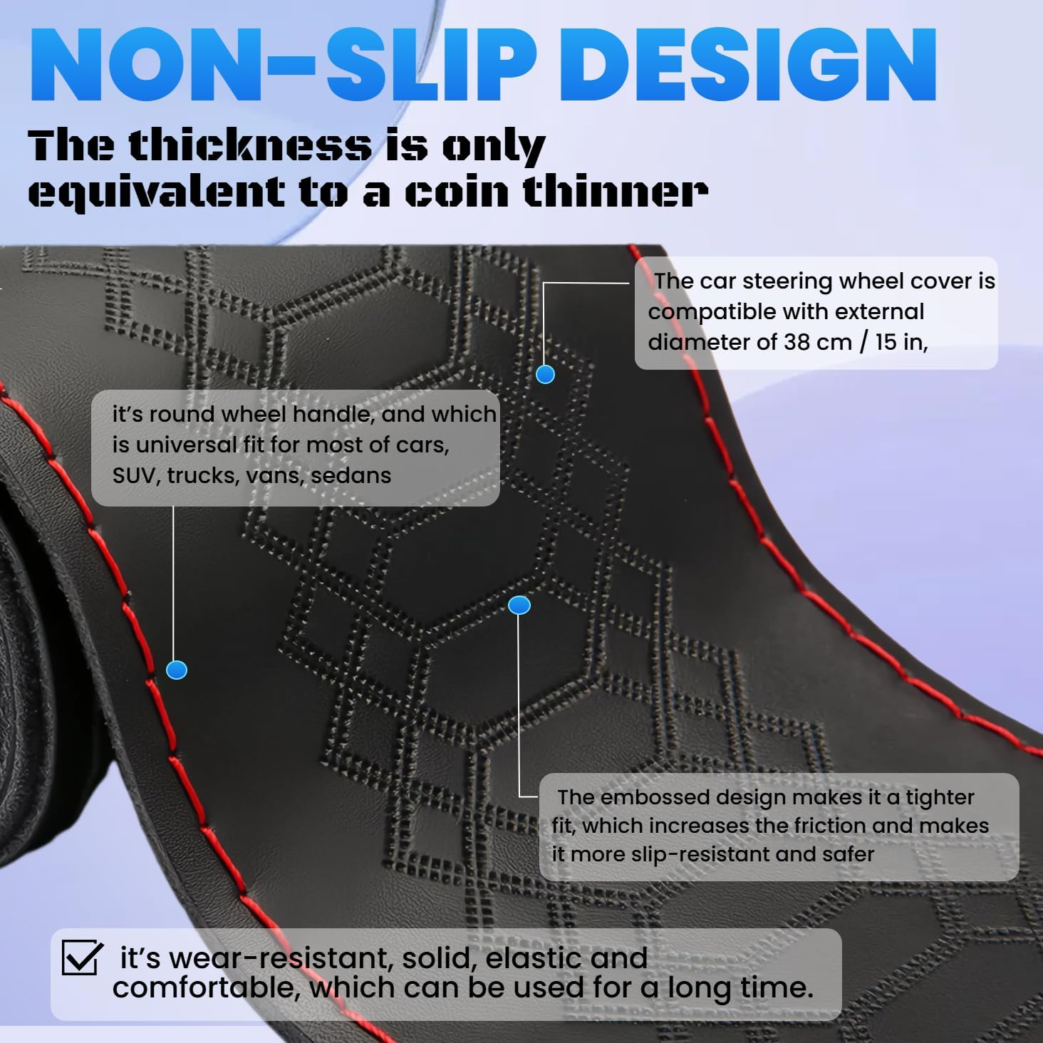 Universal Leather Steering Wheel Cover, Non-Slip Stitch on Wrap, DIY Car Wheel Cover Protector with Needle and Thread for Most Cars Suvs and Trucks - Red image number 4