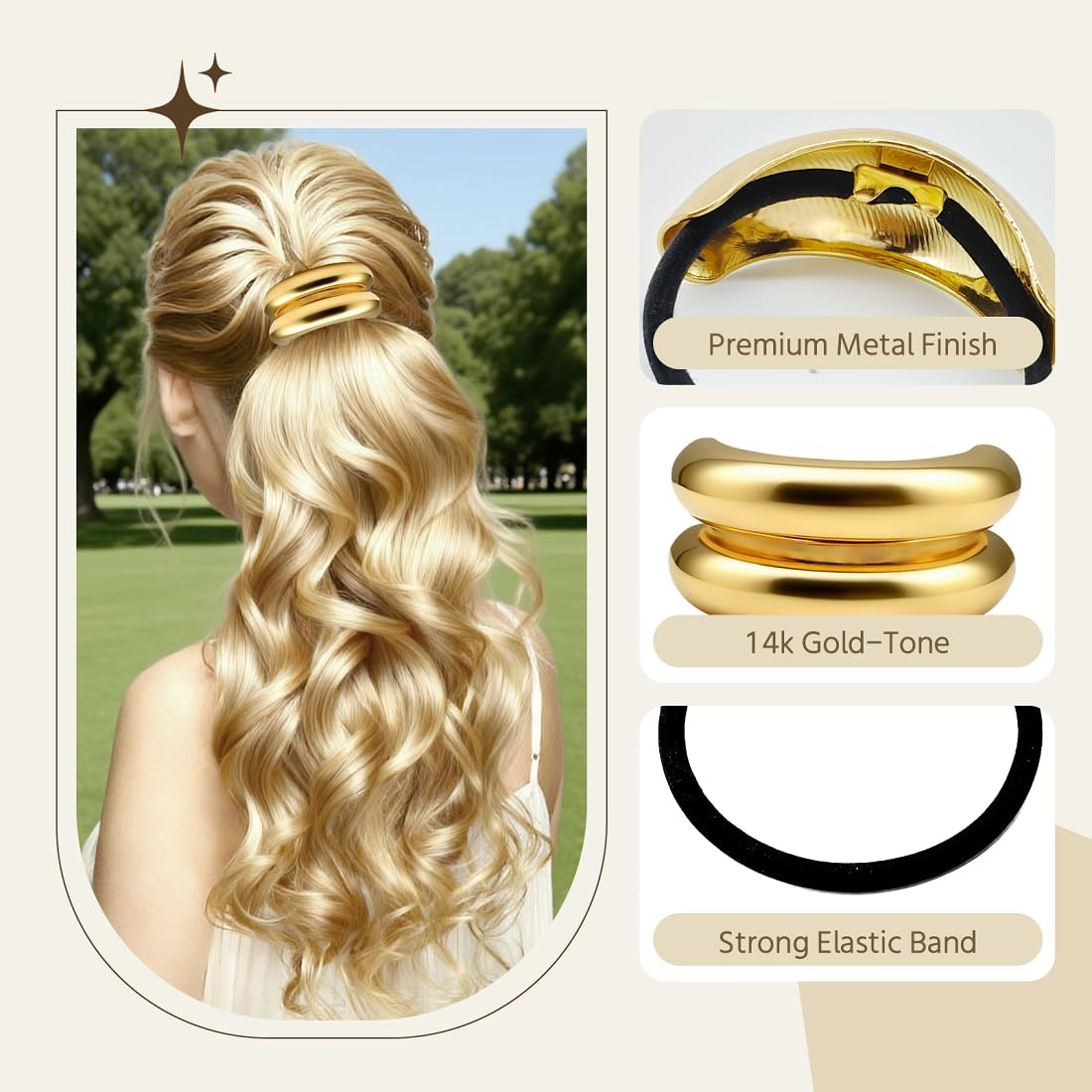 Gold Hair Ties - 6Pcs Gold Hair Accessories for Women & Girls, 3 Styles Chic Metal Hair Cuff Non-Damage Ponytail Cuffs Holders for Thick Hair image number 2