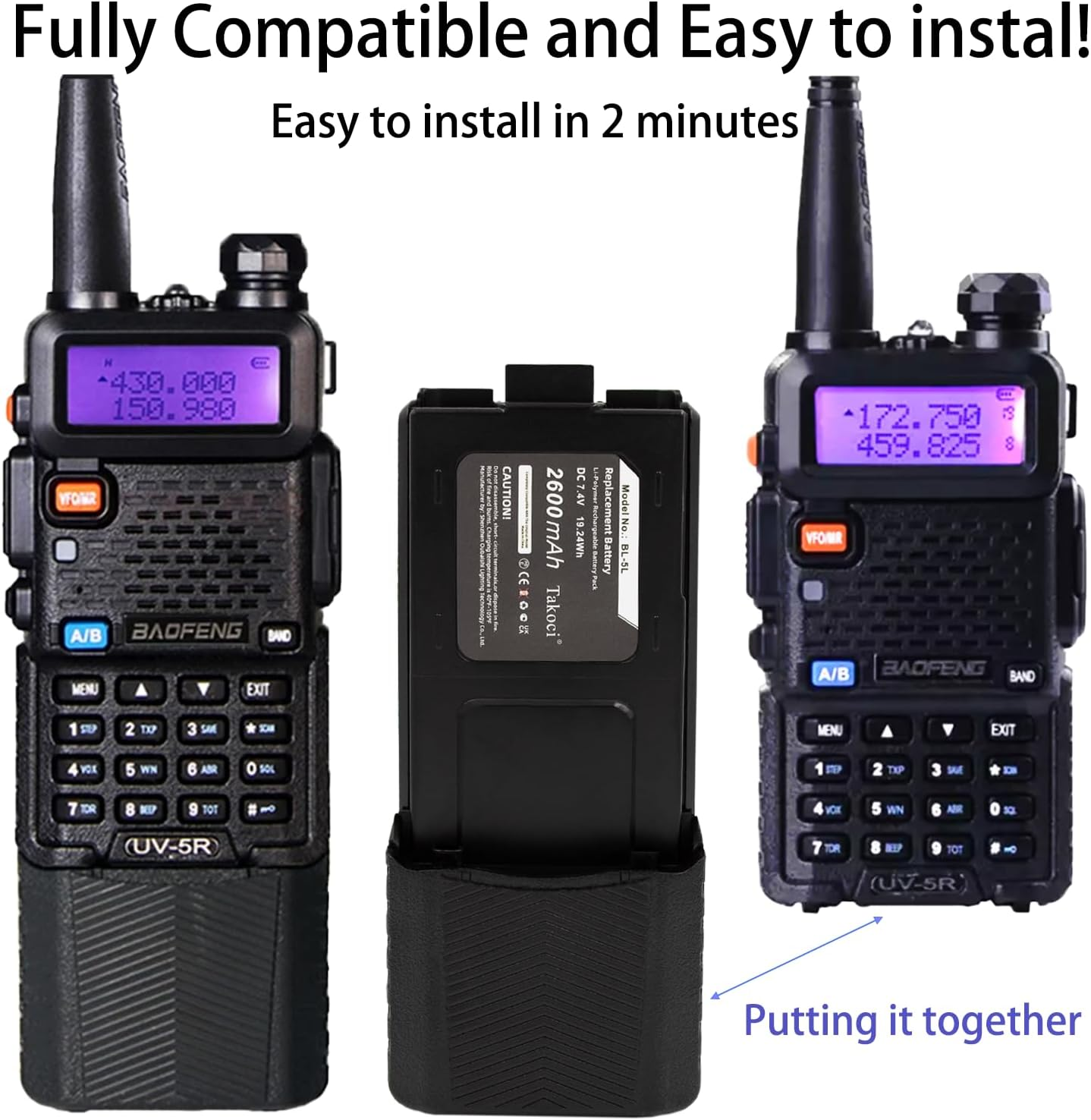 7.4V/2600Mah Battery Replacement Compatible with Baofeng UV-5R UV-5R+ plus BF-F8HP UV-5RE plus UV-5RB UV-5X RD-5R UV-5RTP Walkie Talkie Lithium-Ion Battery image number 2