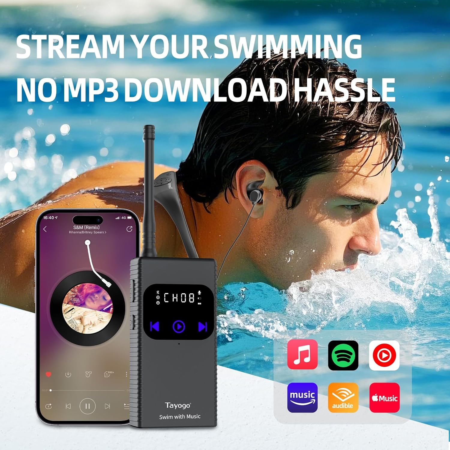 Swimming Headphones for Spotify, Audible, Swimming Coach Communicator,Tayogo Stream Music Combo,Wireless Transmitter,Waterproof In-Ear Headphones Receiver image number 4