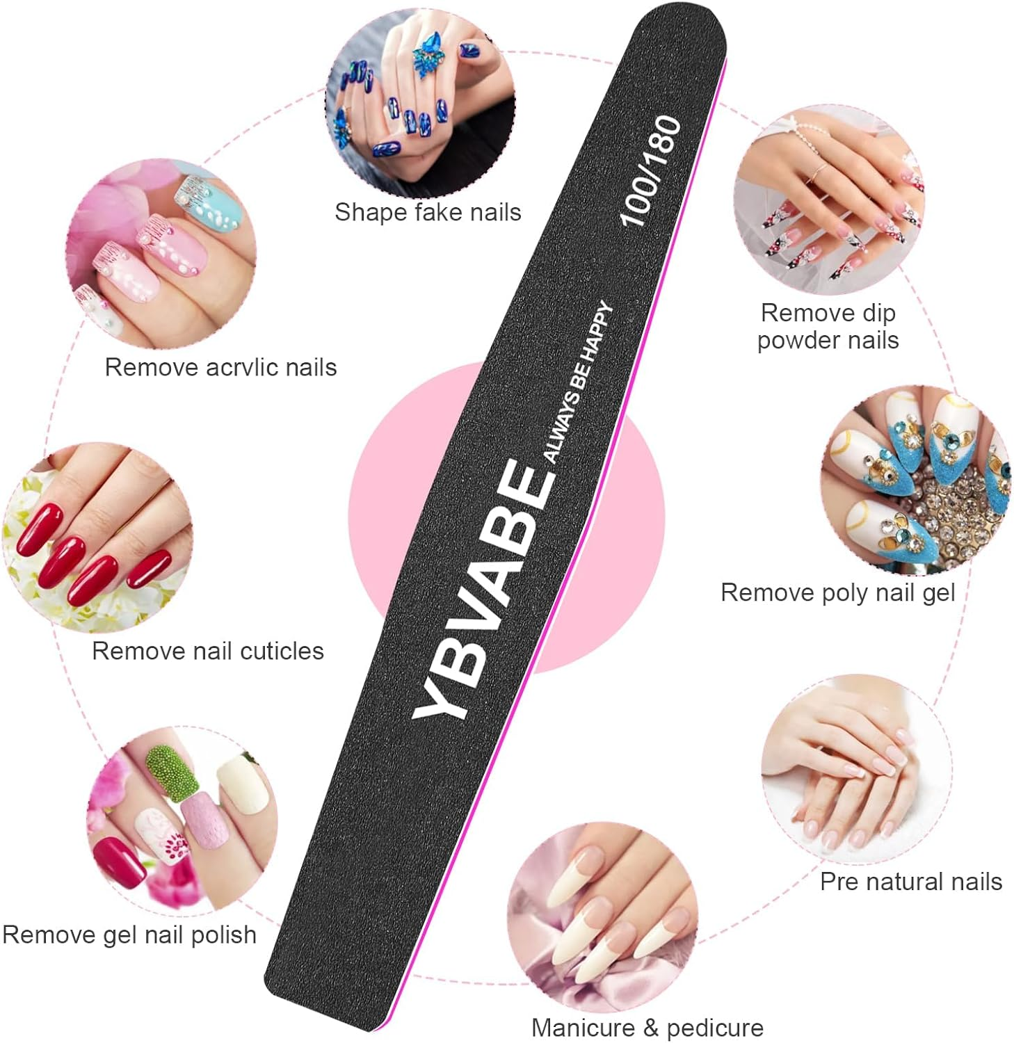 YBVABE Nail Files 100/180 Grit - 8Pack for Precision Nail Shaping and Professional Salon Quality Black Double Sided Emery Boards, Professional Rhombus-Shaped Grit Nail File for Manicure and Pedicure Tool image number 2