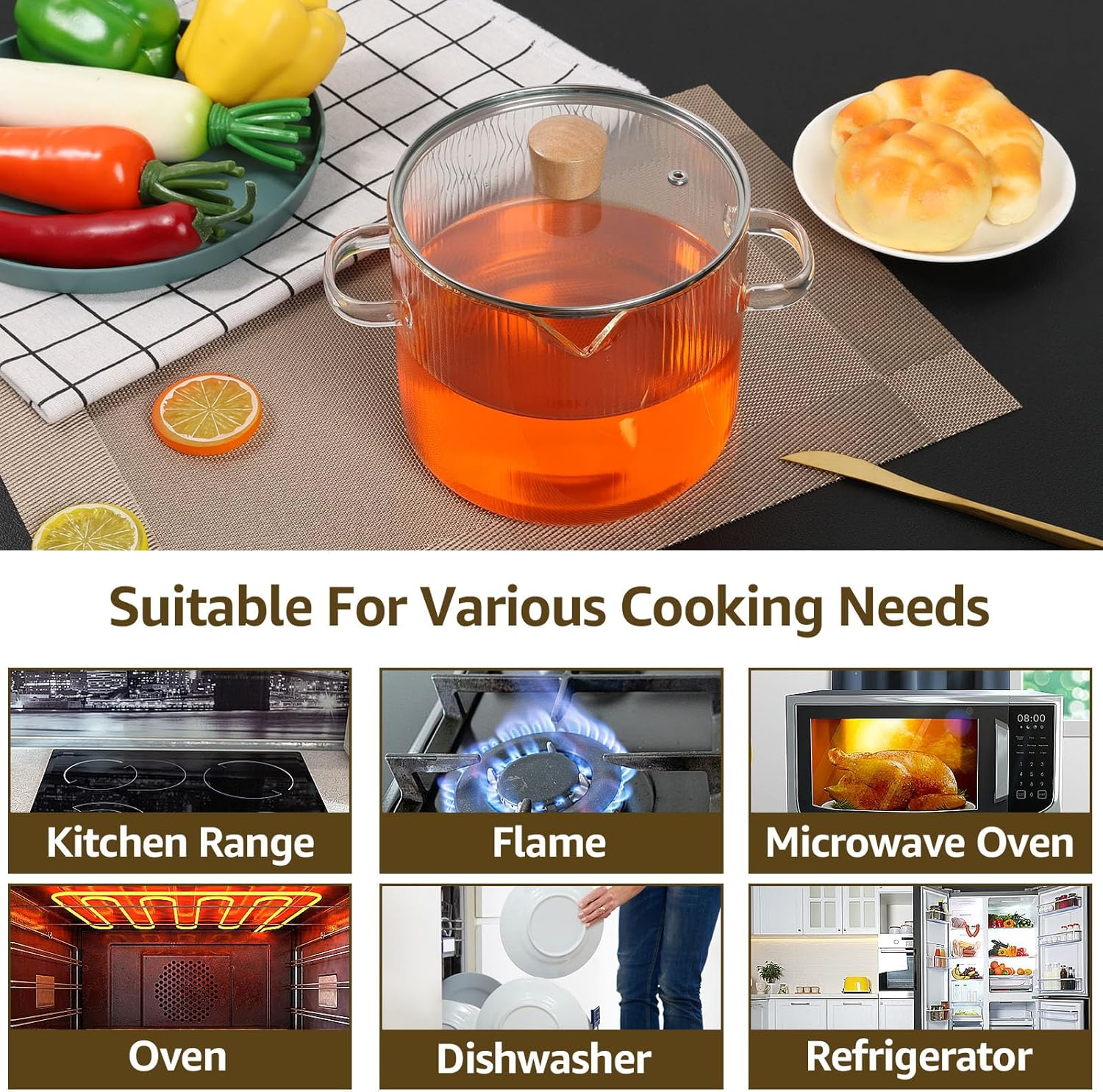 BETIMFAN Glass Cooking Pot Transparent Borosilicate Glass Simmer Pot with Lid and Spout Heat Resistant Glass Stovetop Pot Nonstick Soup Pot Cookware 2.3 L/1.6 L for Soup Noodles Sauce Salad image number 1