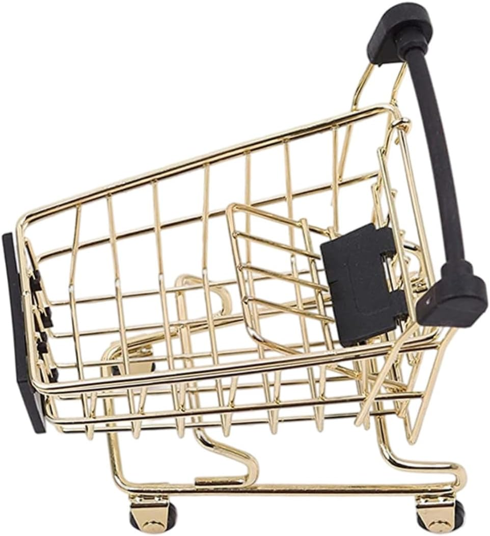 Yardwe Mini Metal Shopping Cart Storage Basket, Home Office Sundries Organizer, Gold Decorative Trolley Basket for Small Item Storage image number 4