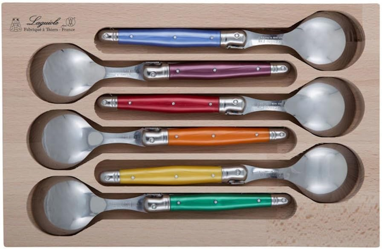 Laguiole by Andre Verdier Debutant Soup Spoon Set/6, Orange/Yellow/Purple/Green/Blue/Red, AV-7216CD-MIX-O image number 1
