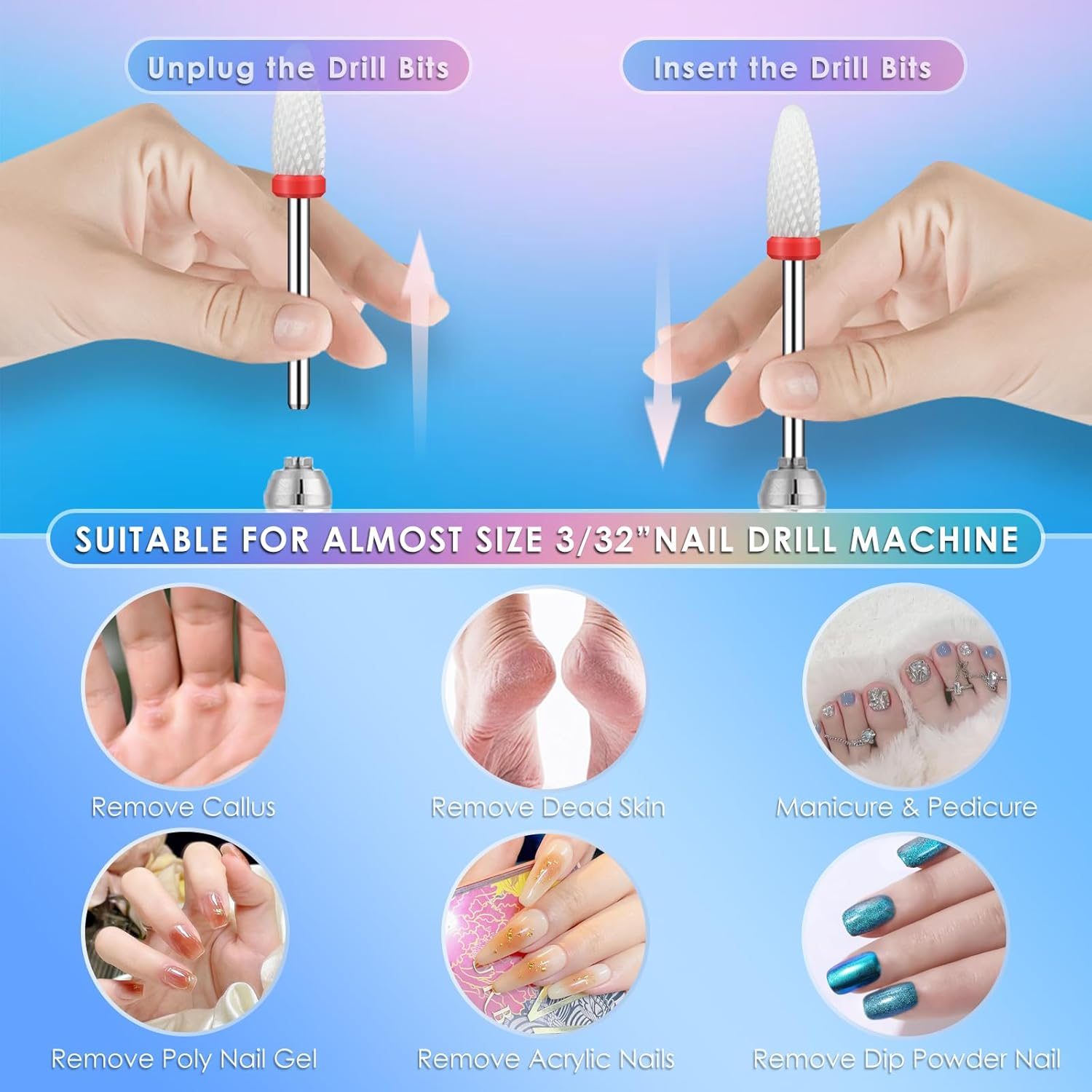 Depvko 11 X Nail Drill Bits Set, Drill Bits for Nails, 2 X Tungsten Carbide Drill Bits + 3 X Ceramic Efile Nail Drill Bits + 5 X Diamond Bits + 1 X Brush, 3/32 Inch Cuticle Cutter Bit for Gel Nails image number 3