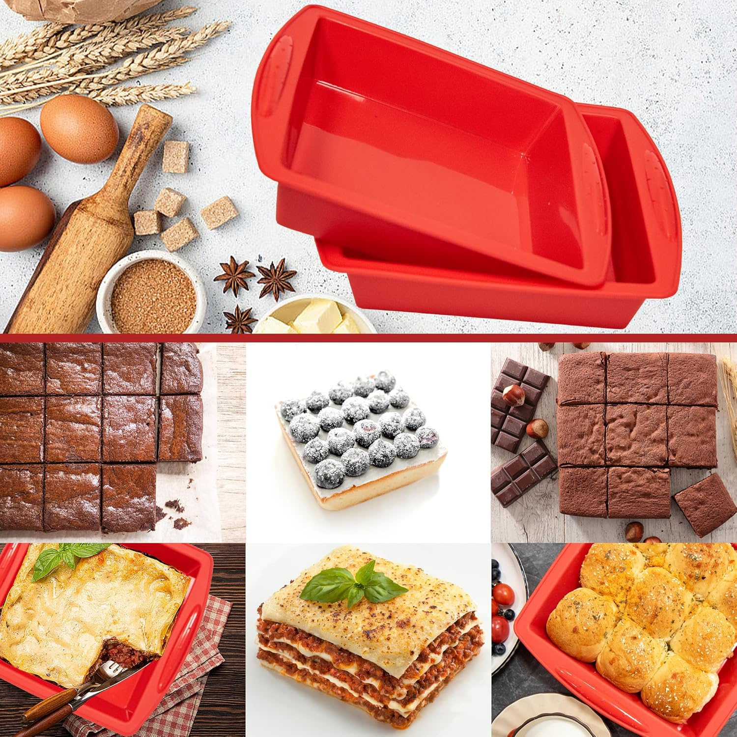 Mlying Silicone Brownie Baking Mould 20 X 20 Cm, Pack of 2 Brownie Moulds Square with Handles, Non-Stick Baking Moulds, Silicone Moulds for Baking Brownies (Square, 2 Pieces, 20 Cm) image number 4