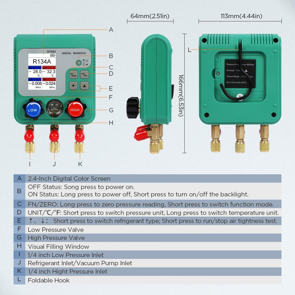 CMTOOL Digital HVAC Gauges Set, 92 Refrigerants, Digital Manifold Gauge Set, Pressure and Vacuum Test, HVAC Tools with 3 Hoses, R134A Quick Connectors & Valve Core Remover image number 6