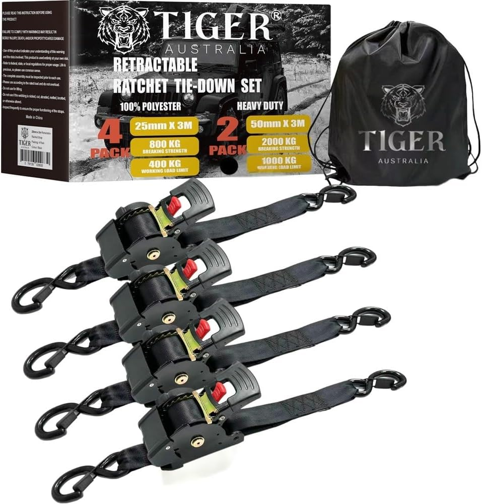 Tiger Australia 50Mm X 3M Heavy Duty Auto Retractable Ratchet Straps 4-Pack,2000Kg Break Strength, with S-Hooks and Storage Bag, for Trailers, Utes, Boats, Moving image number 3