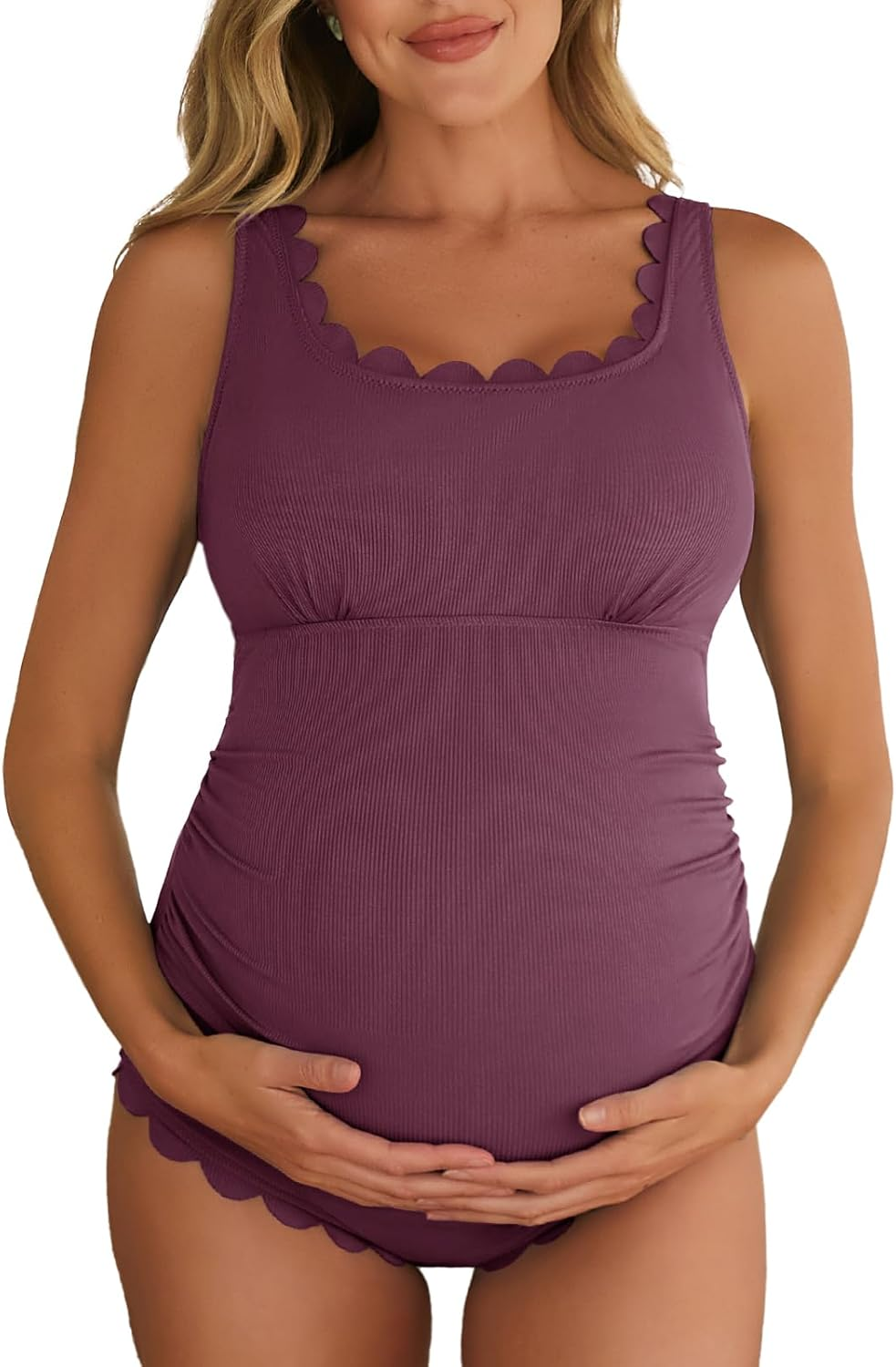 Summer Mae Ribbed Maternity One Piece Swimsuit Scalloped Cut Out Pregnancy Bathing Suit Square Neck Swimwear image number 3