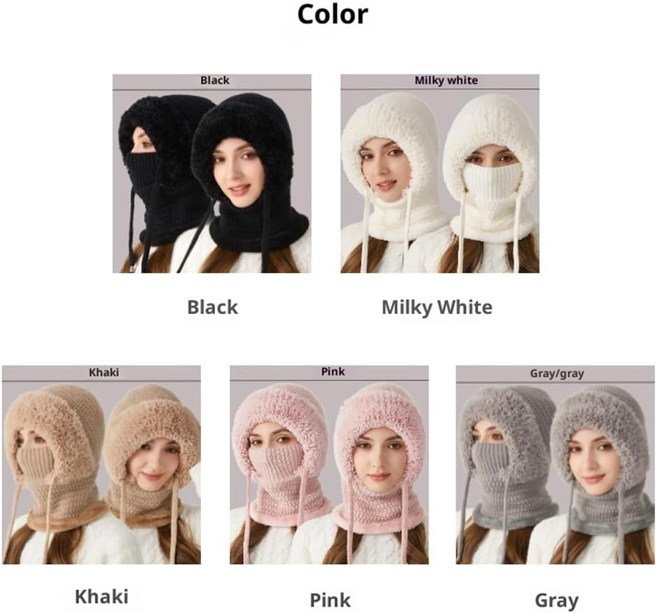 CLSSLVVBN 3 in - 1 Women Beanie Skiing Hat Face Covering Cap Outdoor Adventures and Mask Hats Size Drawstring, for Skiing And - Black image number 3