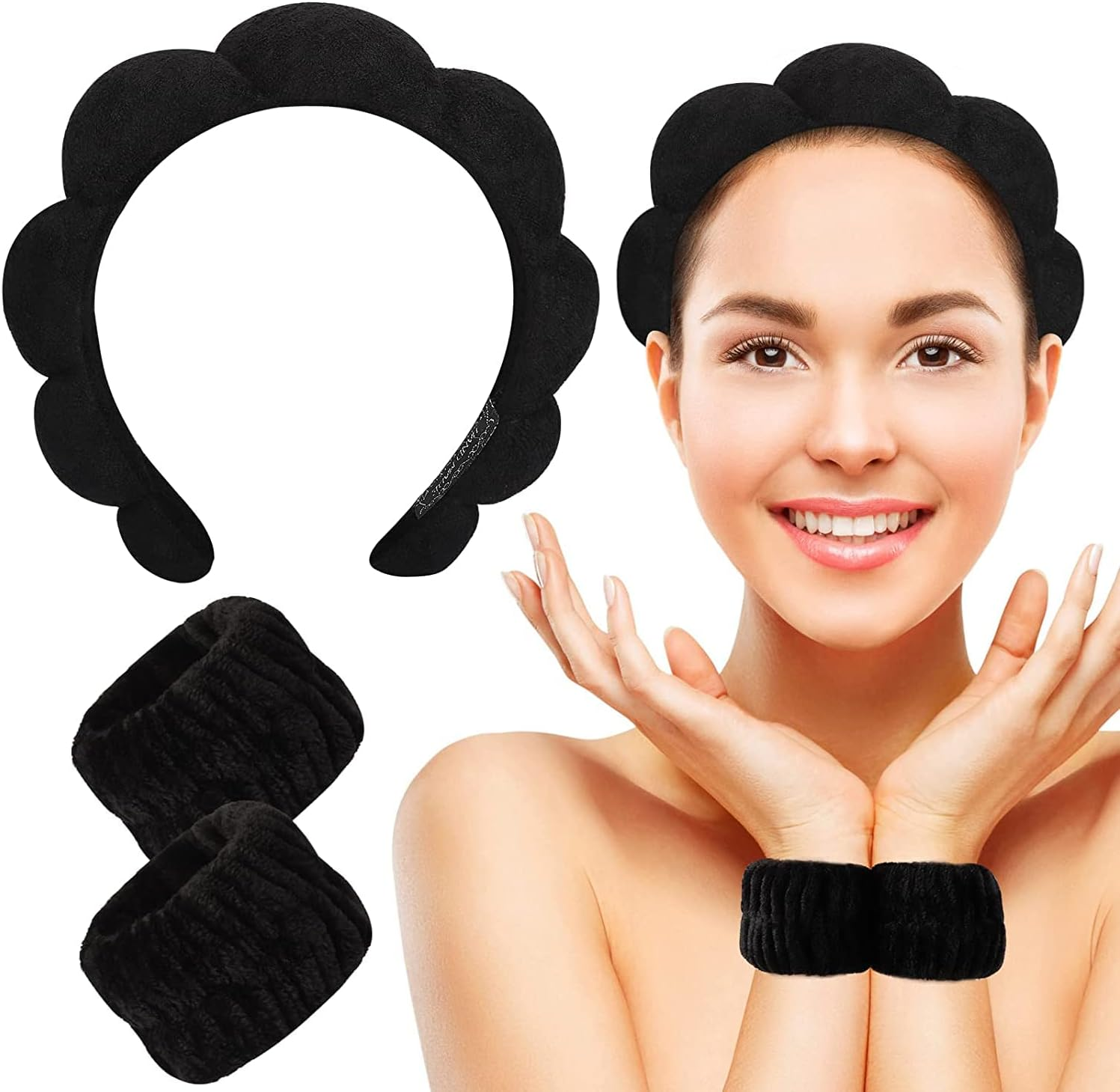 3 Piece Spa Headband Wrist Wash Band Set, Makeup Headband and Bracelet for Face Washing, Skin Care, Microfibre Wrist Towel Band, Hair Bands, Hair Accessories for Women, Girls (Pink)