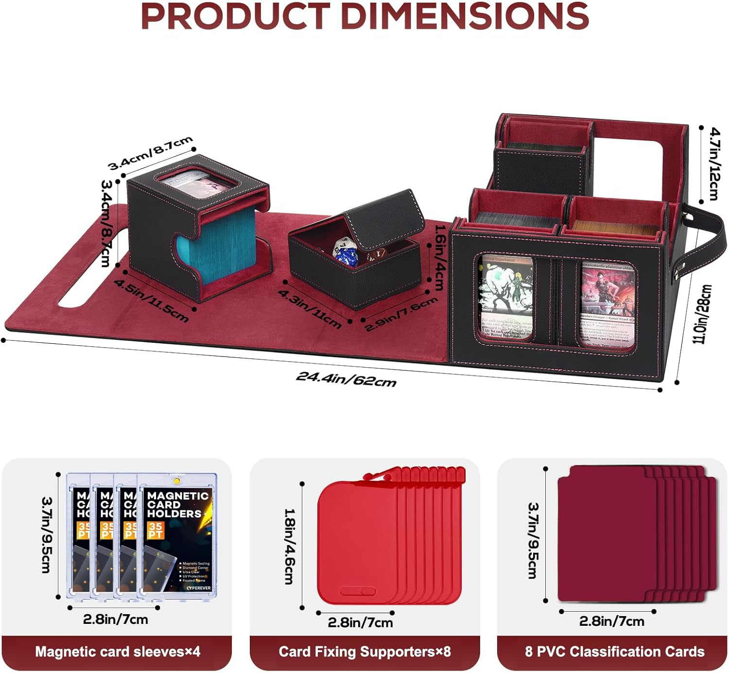 Cyperever Trading Card Storage Box for MTG, Card Storage Box with Commander Display, Multi-Purpose MTG Deck Box for Graded Storage with 4 Toploaders, 8 Stoppers, 8 Dividers (Black & Red) image number 5